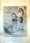 Original Old Antique Print Sea Urchins Children Paddling Sea 1902 20th Century