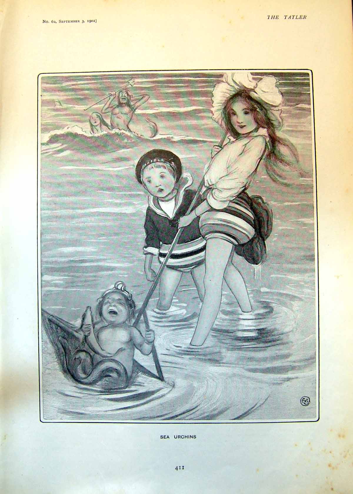 Original Old Antique Print Sea Urchins Children Paddling Sea 1902 20th Century
