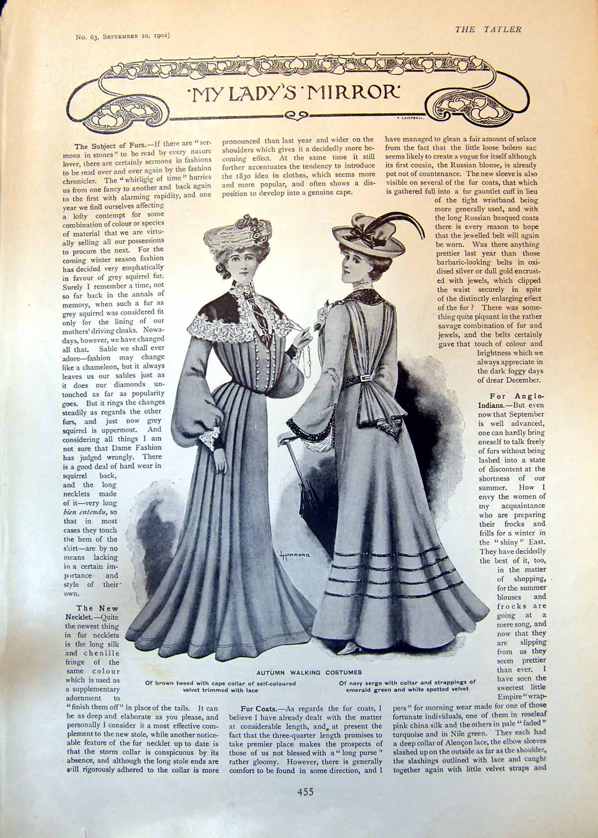 Old Print Autumn Walking Costumes Brown Tweed Navy Serge Casino Gown 1902 20th