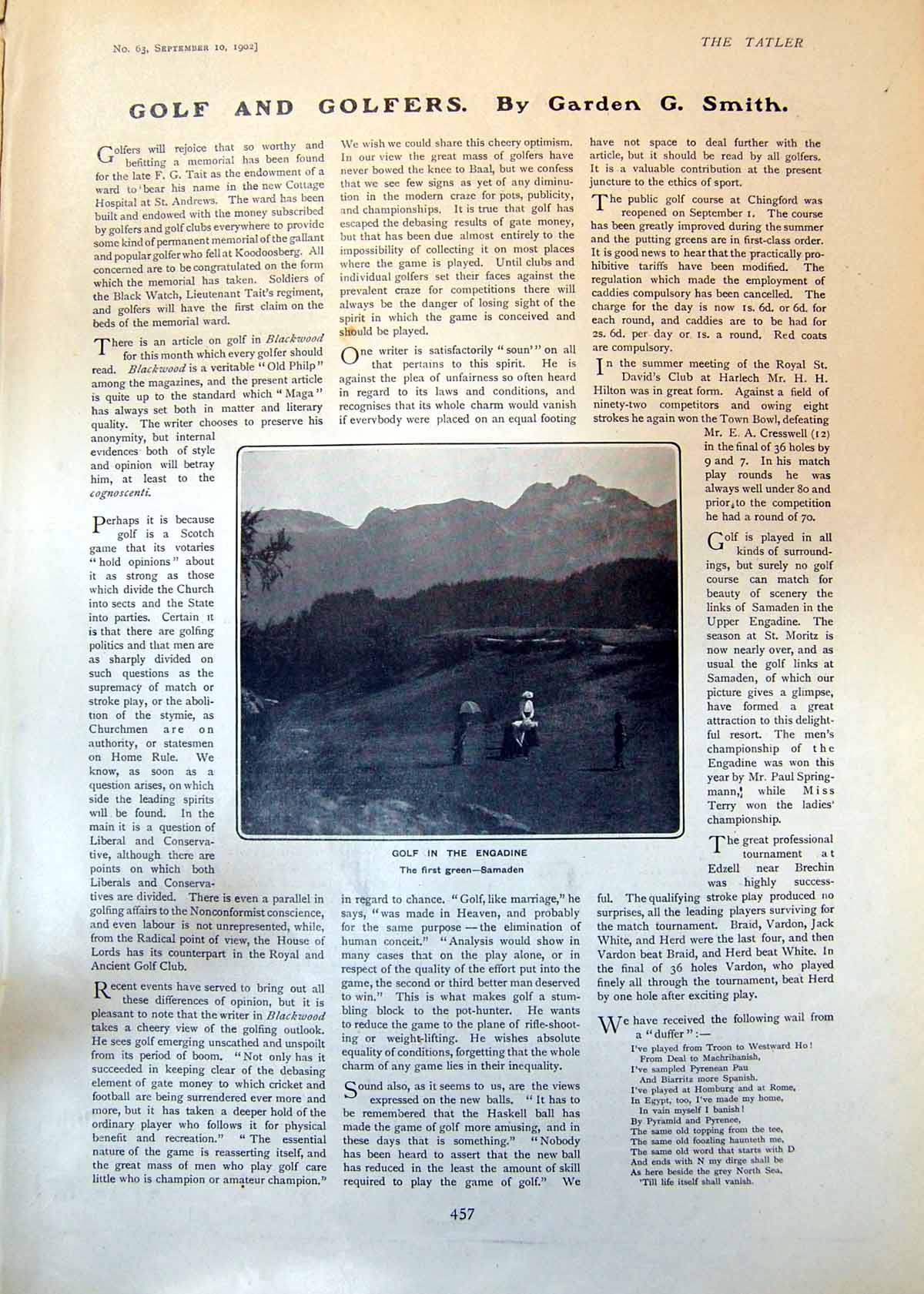 Antique Old Print Golf Engadine First Green Samaden W J Laidlay Author 1902