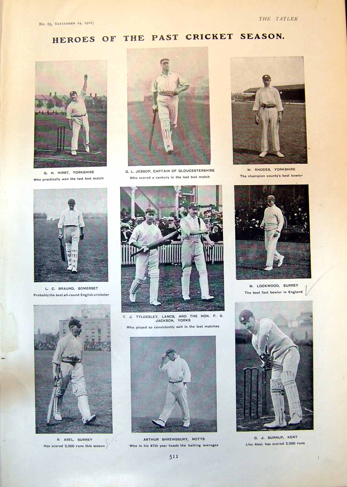Antique Old Print Heroes Cricket Season King Edward Austen Chamberlain 1902