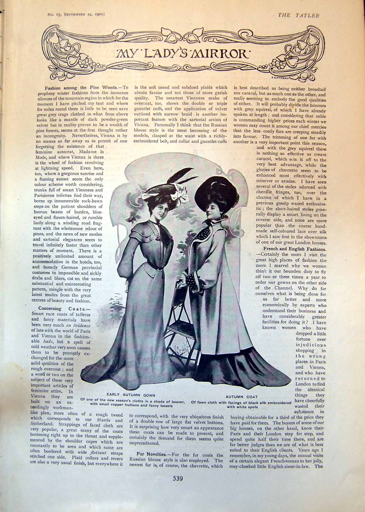 Old Antique Print Early Autumn Gown Autumn Coat Girls School Frock 1902 20th