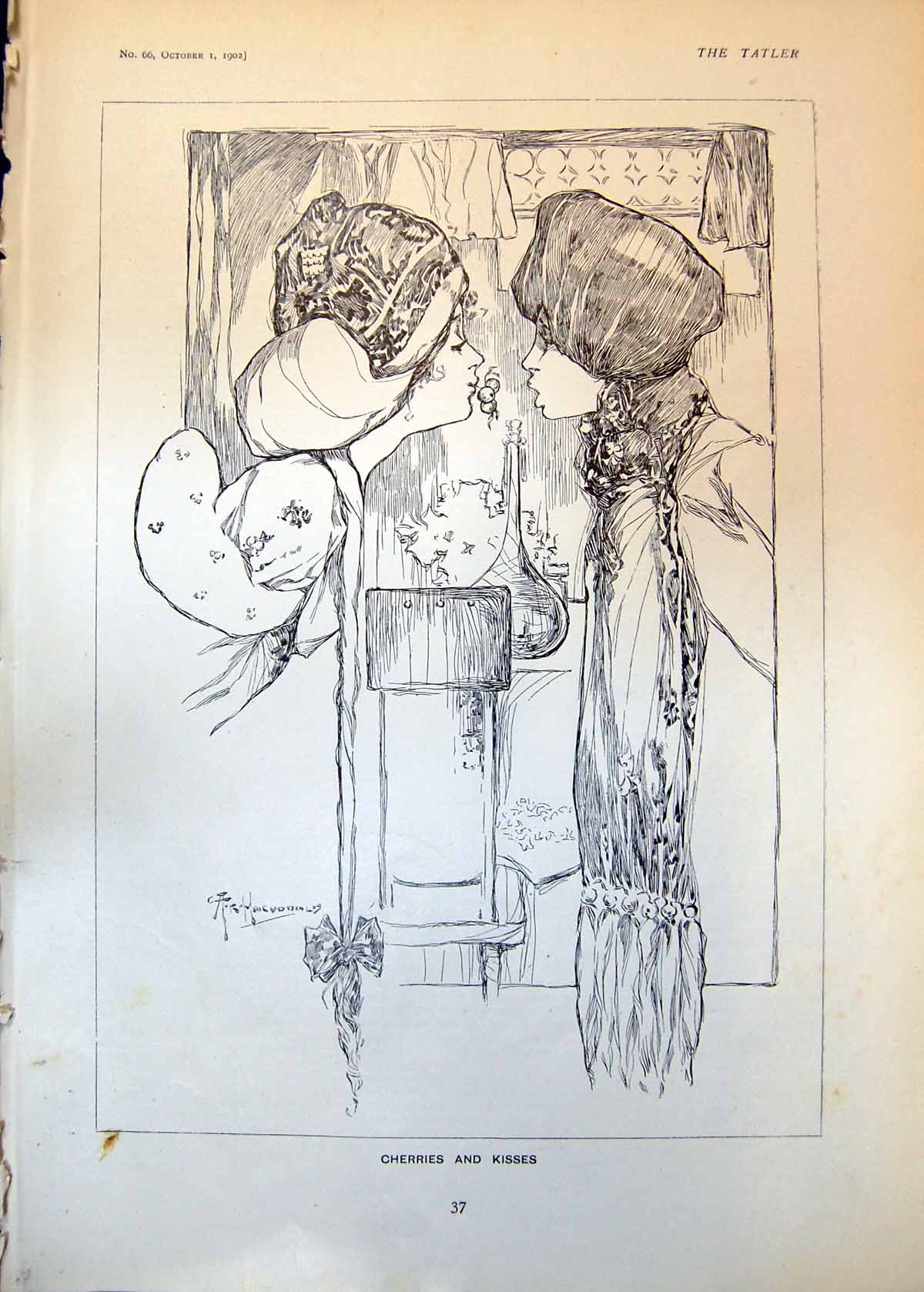 Original Old Antique Print Cherries Kisses Two Girls 1902 20th Century