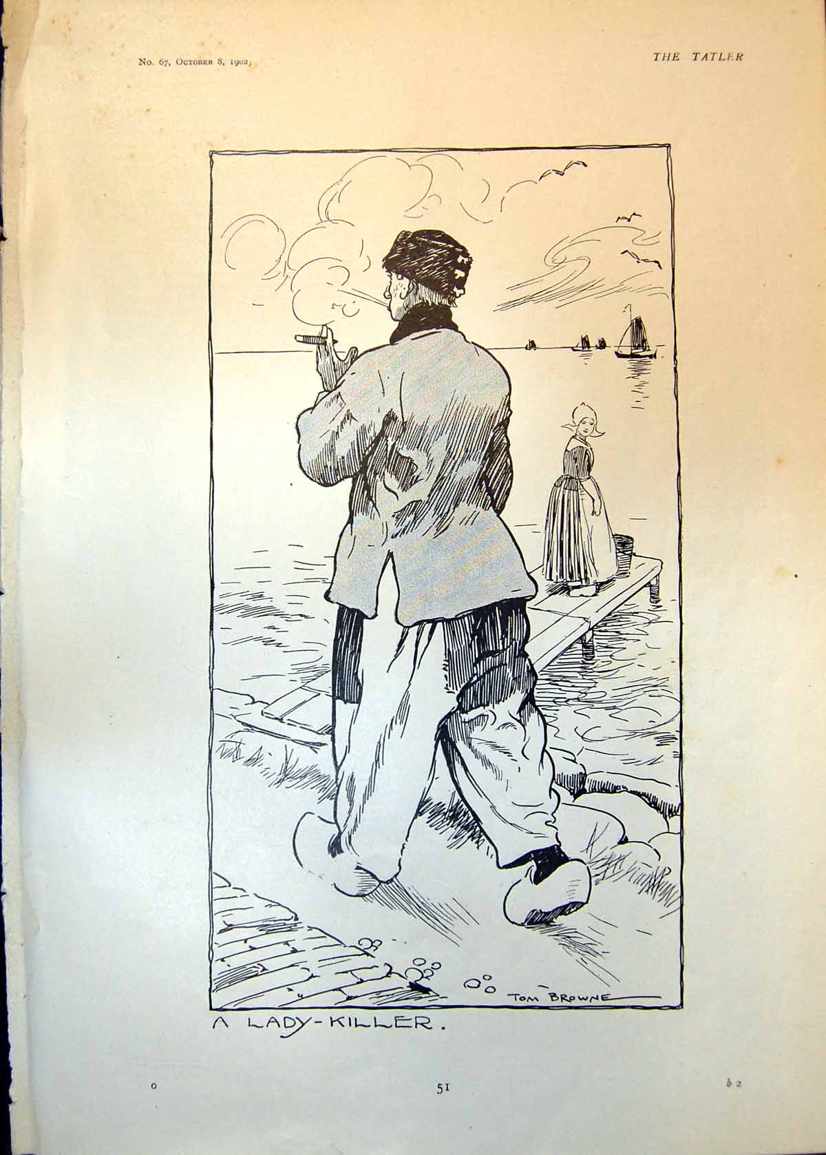 Old Print Lady Killer Tom Browne Emile Zola Signal Box London Bridge 1902 20th