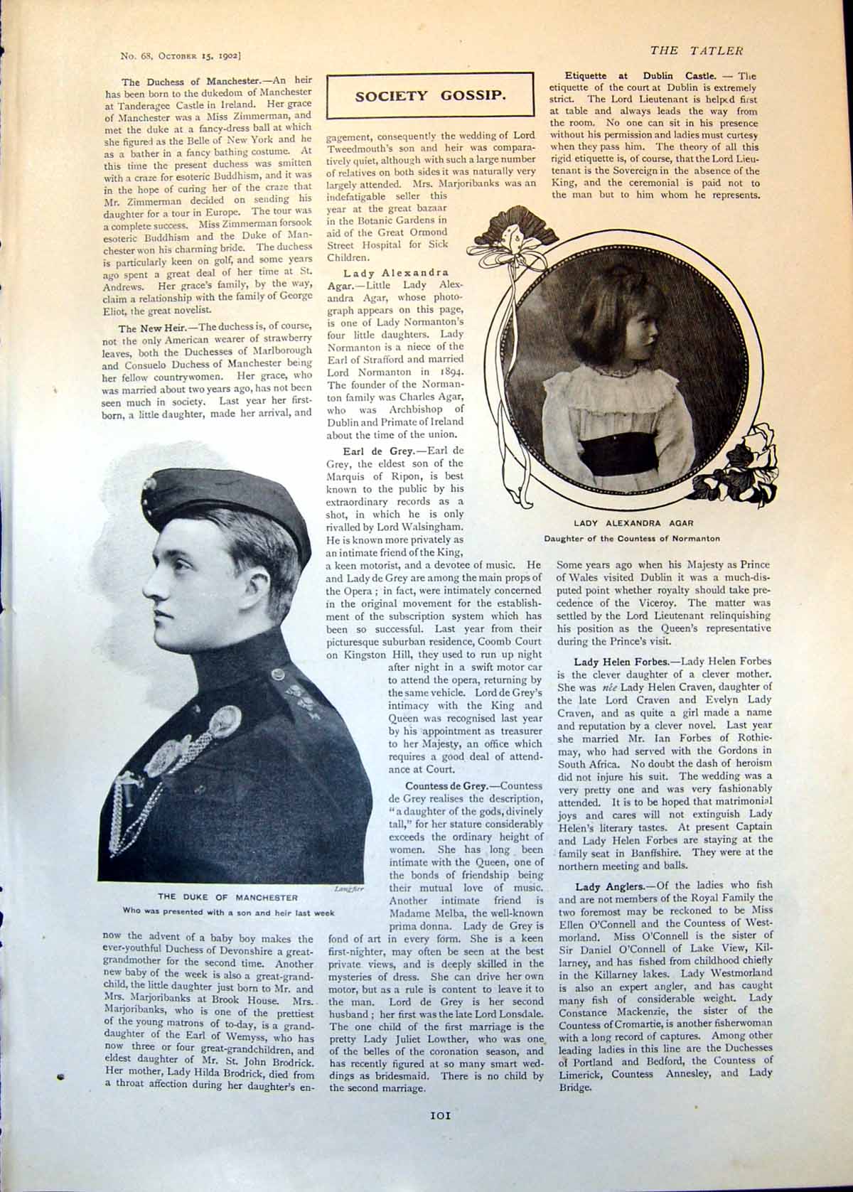 Antique Old Print Lady Alexandra Agar Duke Manchester Lady Elliot India 1902