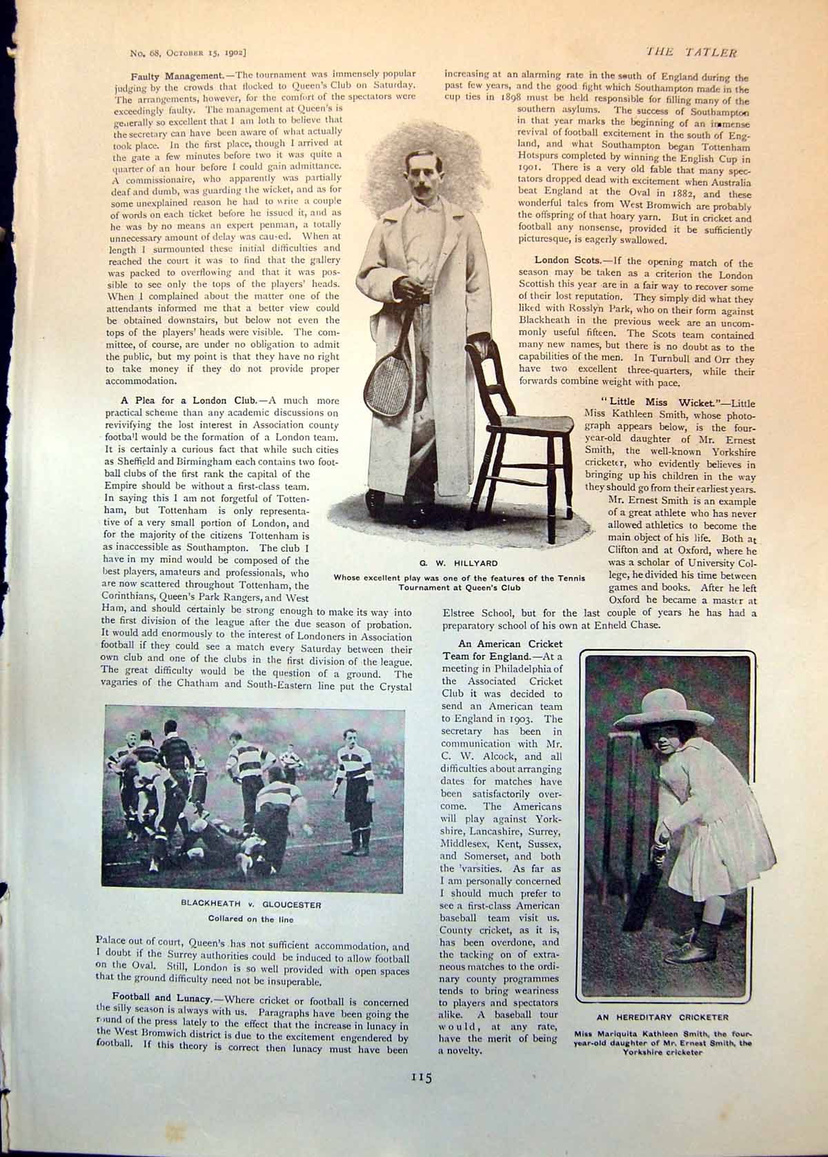 Old Print G Hillyard Tennis Blackheath V Gloucester Mariquita Smith 1902 20th