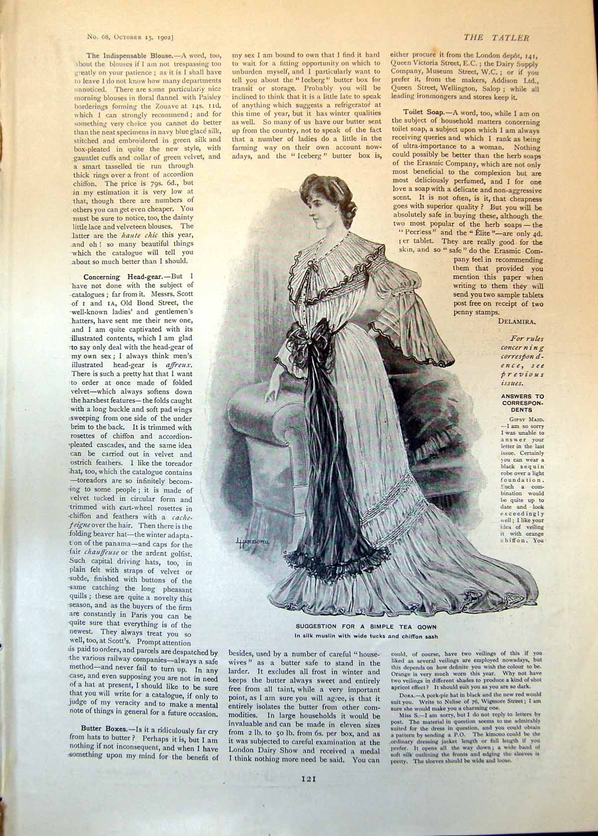 Old Print Suggestion Simple Tea Gown Silk Muslin Tucks Chiffon Sash 1902 20th