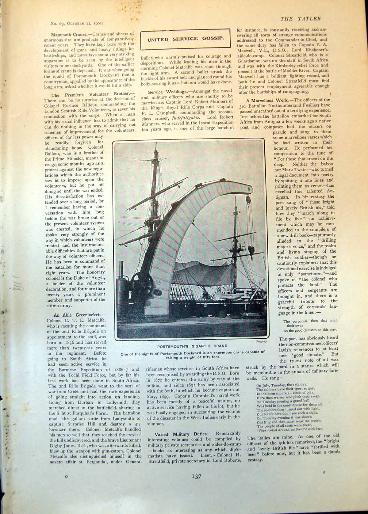 Antique Old Print Portsmouths Gigantic Crane Dockyard Lifts Fifty Tons 1902