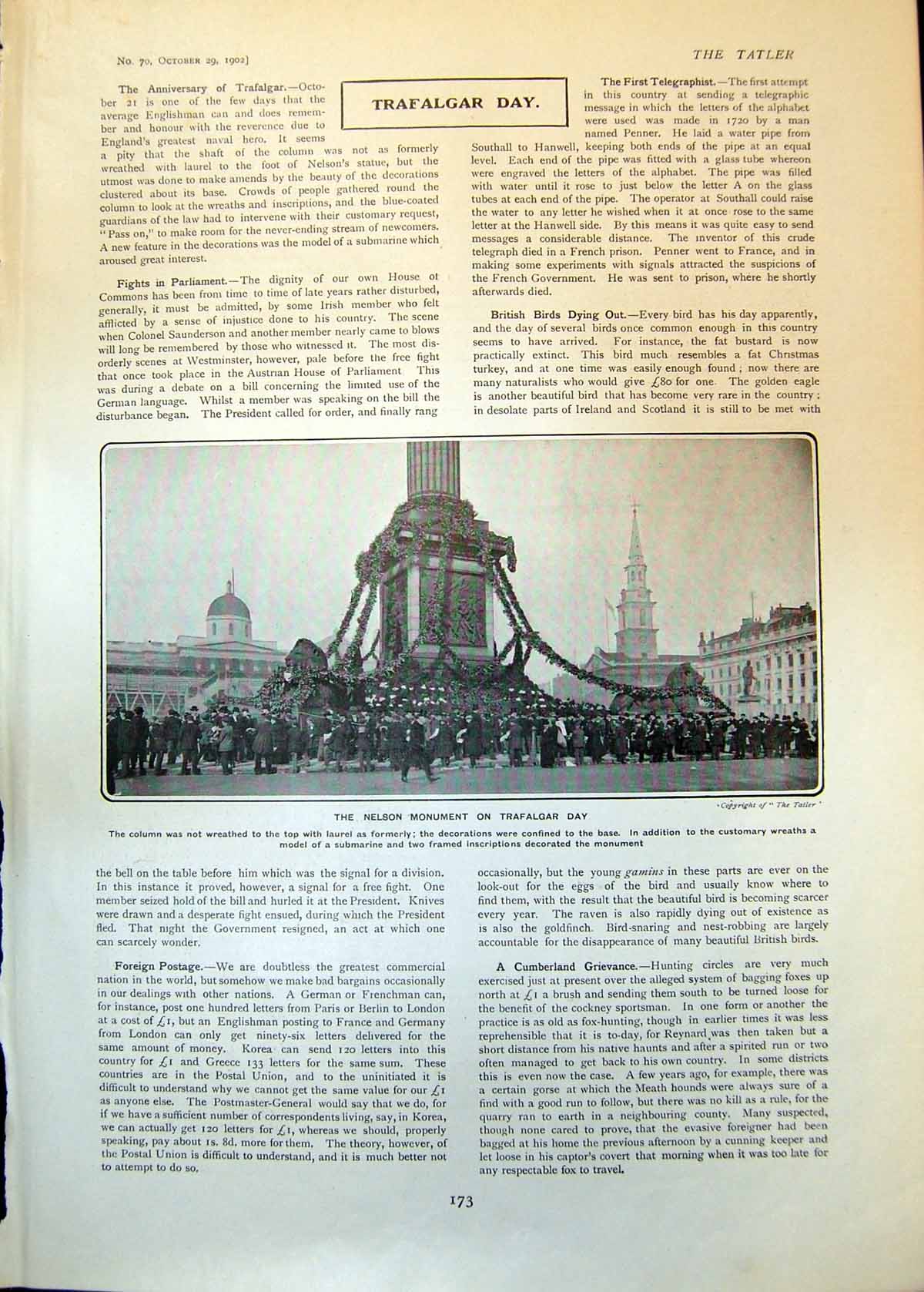Antique Old Print Nelson Monument Trafalgar Day Wreaths Model Submarine 1902