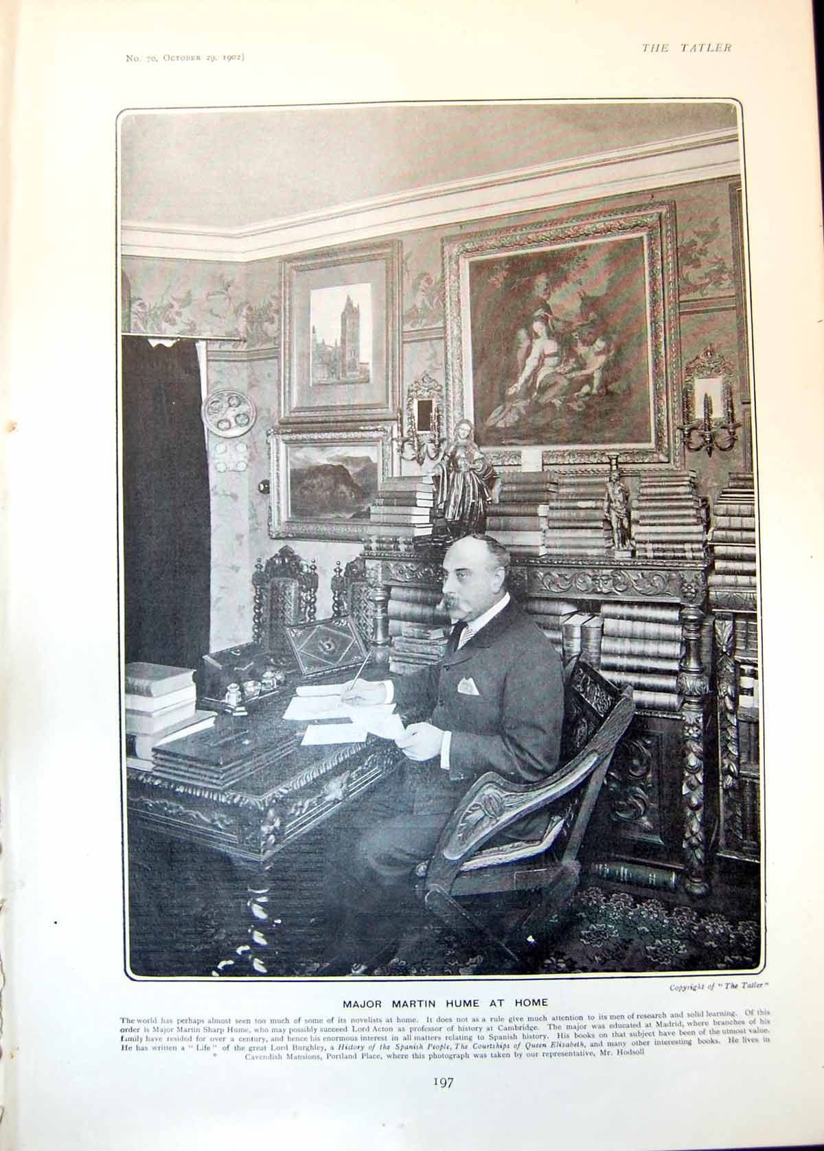 Old Antique Print Major Martin Hume At Home Novelist Spanish History 1902 20th