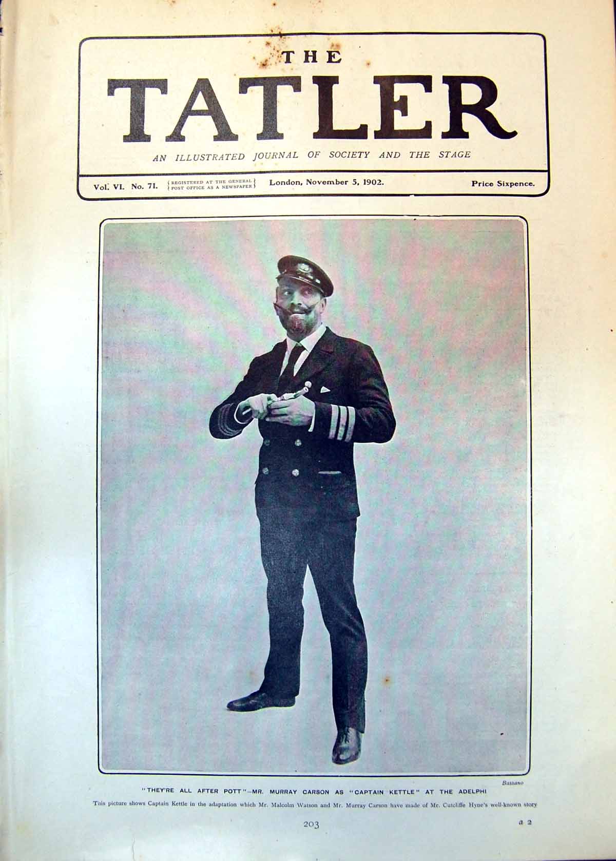Original Old Antique Print Mr Murray Carson Captain Kettle Adelphi 1902 20th