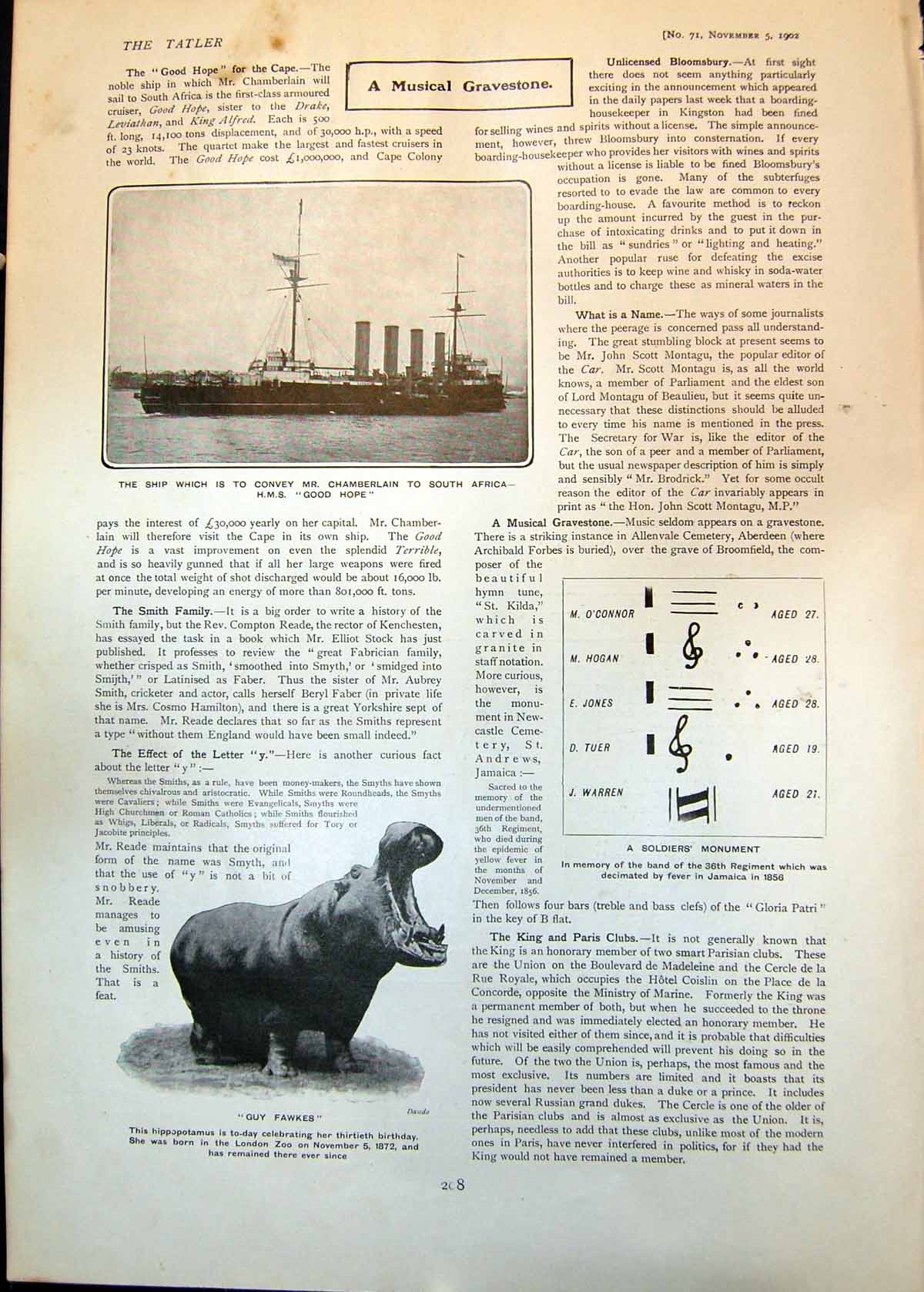 Old Print Hms Good Hope Convey Mr Chamberlain S Africa Hippopotamus 1902 20th