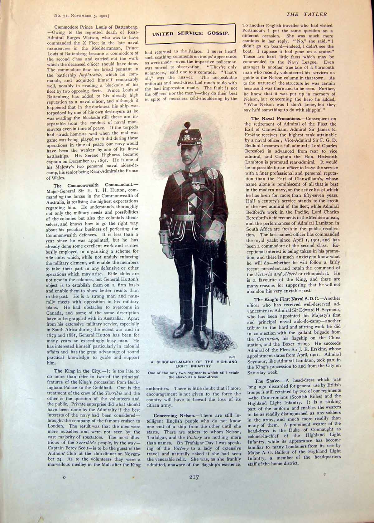 Antique Print Sergeant Major Highland Light Infantry Shako Head-Dress 1902 20th