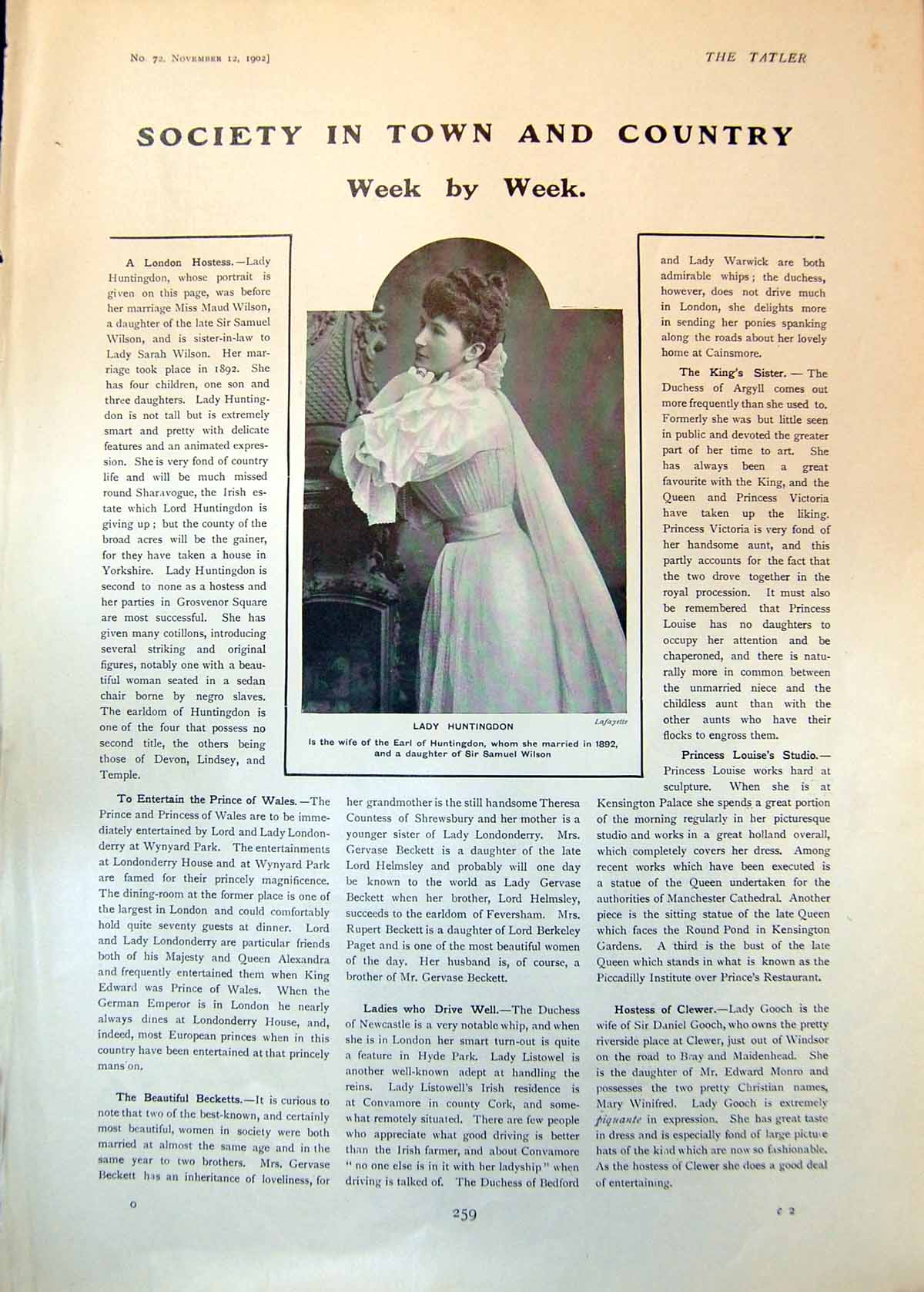 Old Print Lady Huntingdon Miss Sievwright Singer Married John Davis 1902 20th