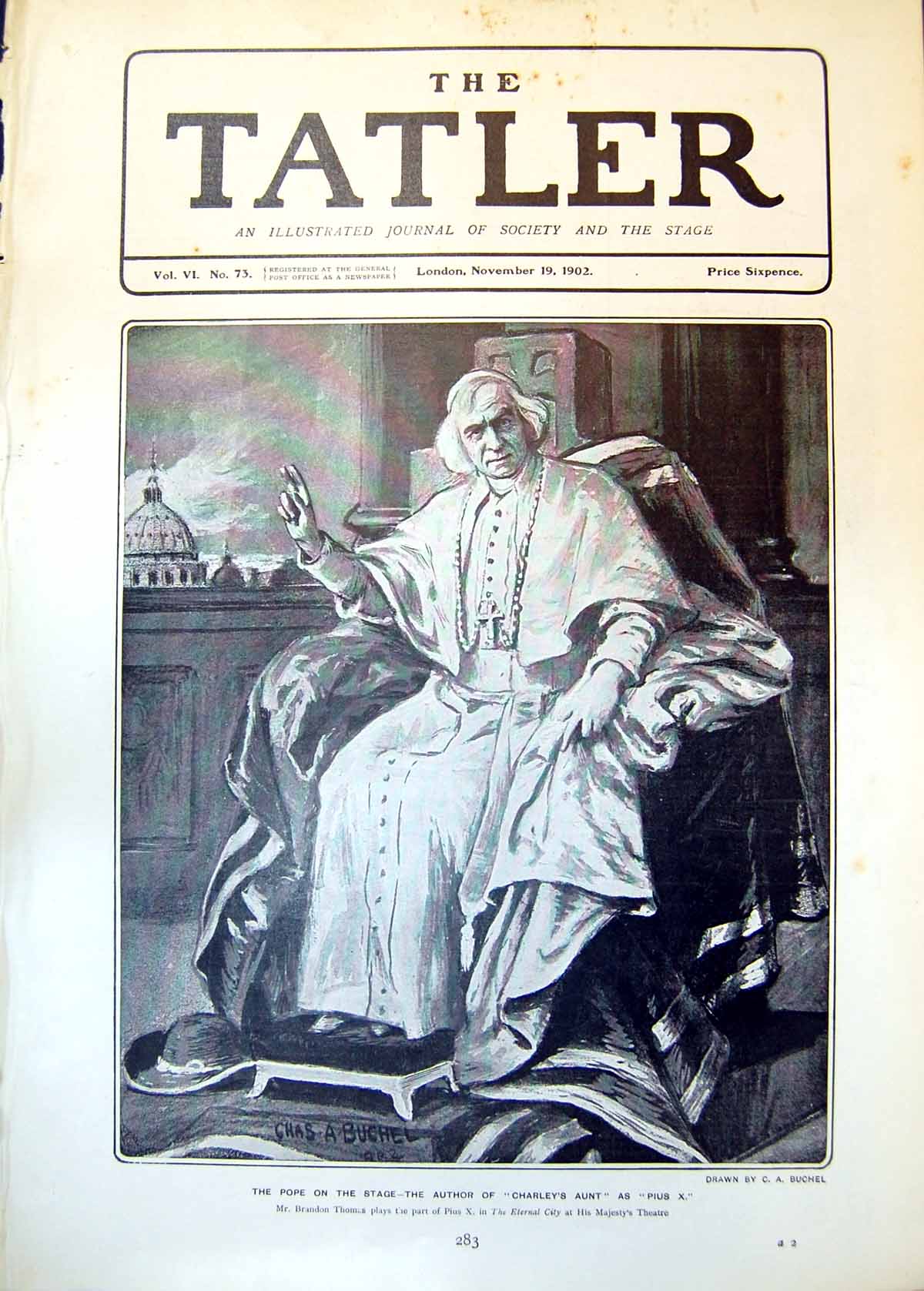 Antique Old Print Pope Stage Brandon Thomas Plays Pius X Eternal City 1902 20th