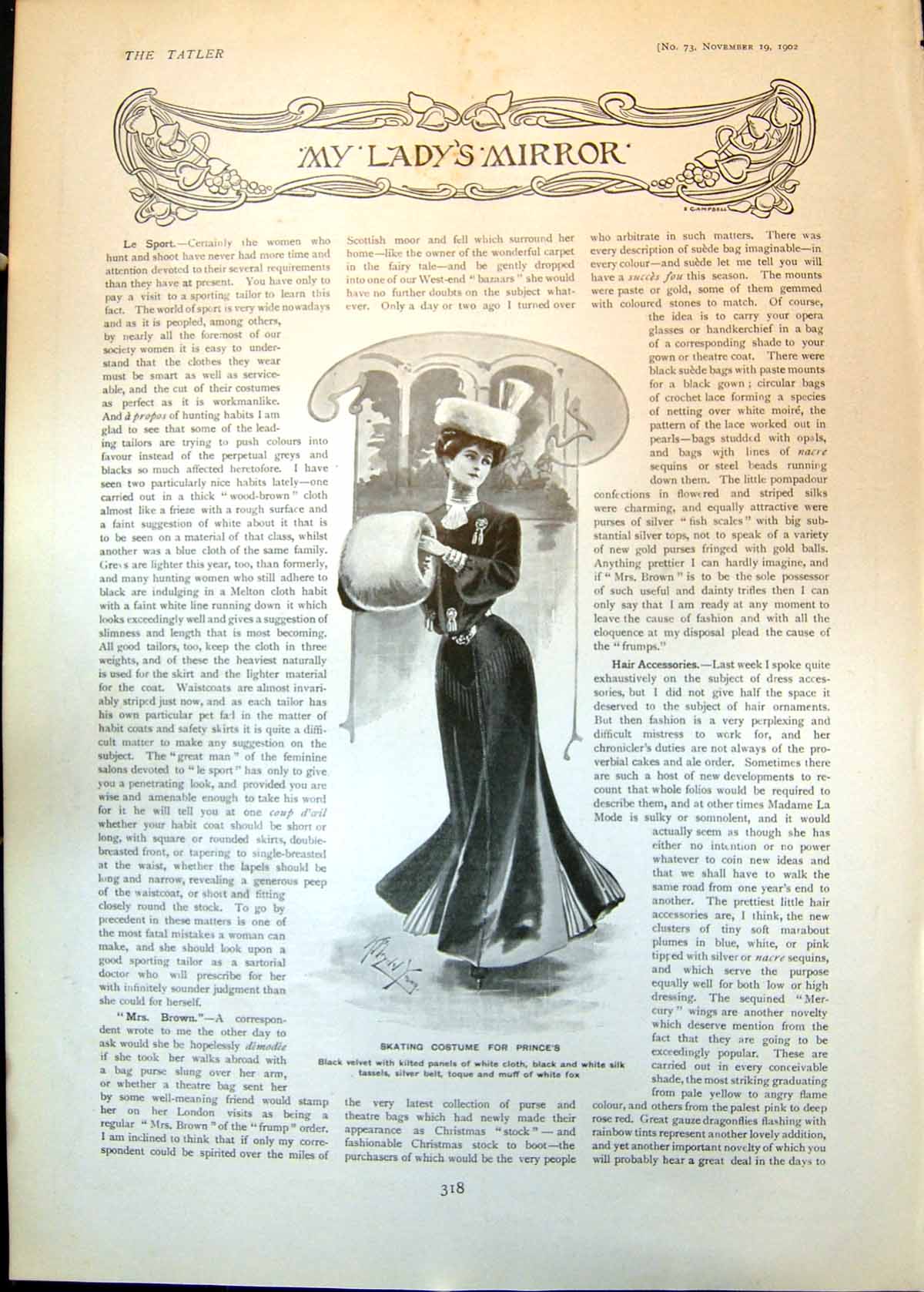 Old Print Skating Costume Princes Black Velvet Panels Muff White Fox 1902 20th