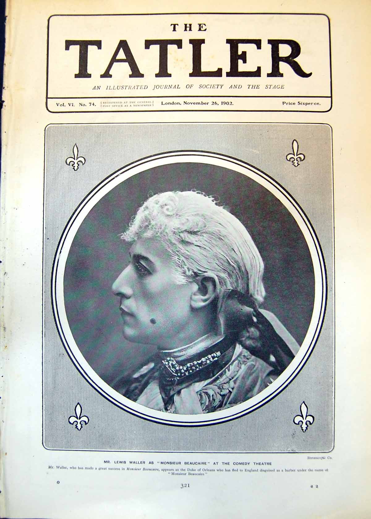 Original Old Antique Print Lewis Waller Monsieur Beaucaire Comedy Theatre 1902
