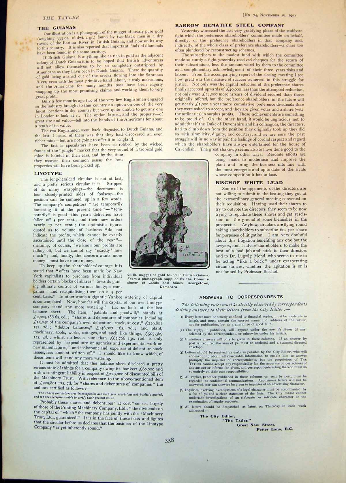 Original Old Antique Print 26 Lb Nugget GFound British Guiana 1902