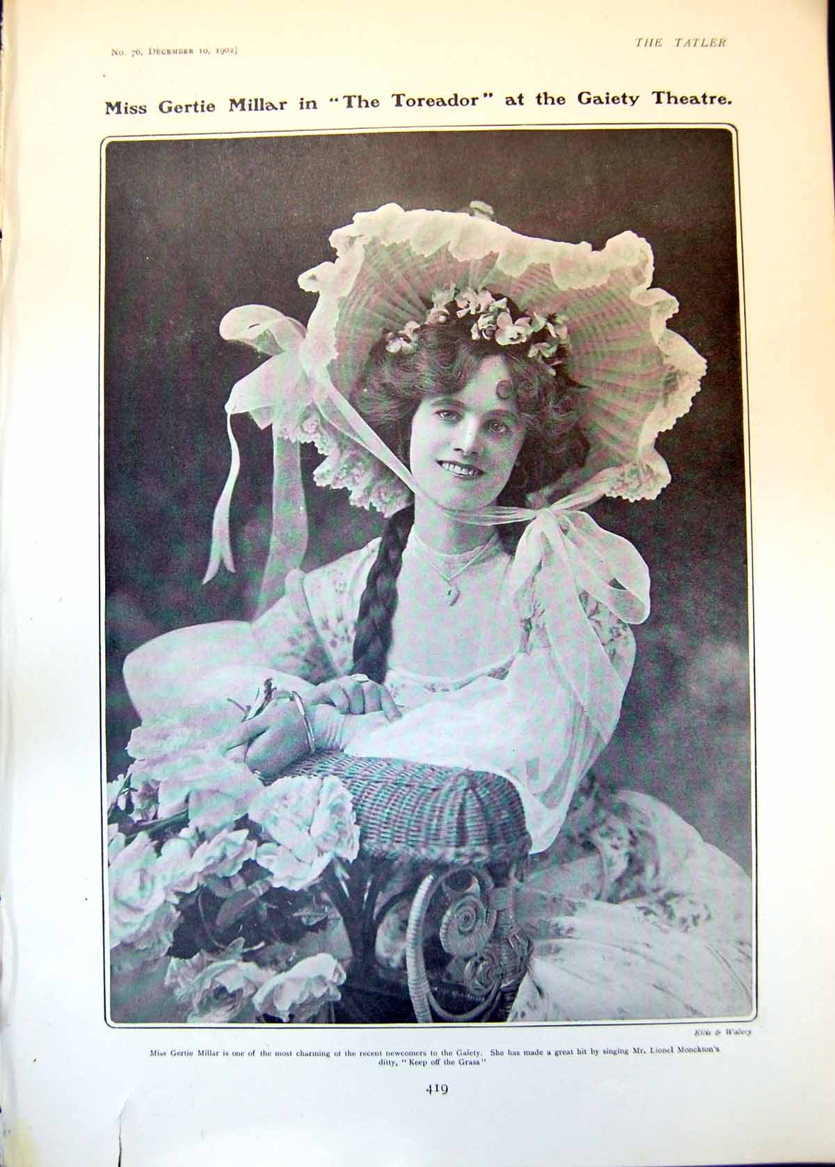Old Print Gertie Millar Toreader Ladies Hockey Surbiton V Southfield 1902 20th