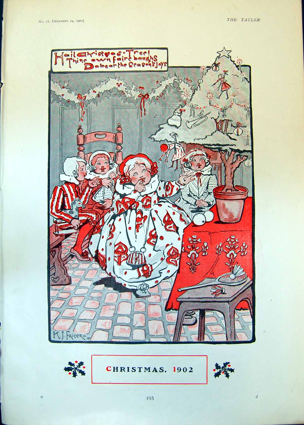 Old Christmas 1902 Children Tree Seasonable Greeting Tom Browne 1902 20th