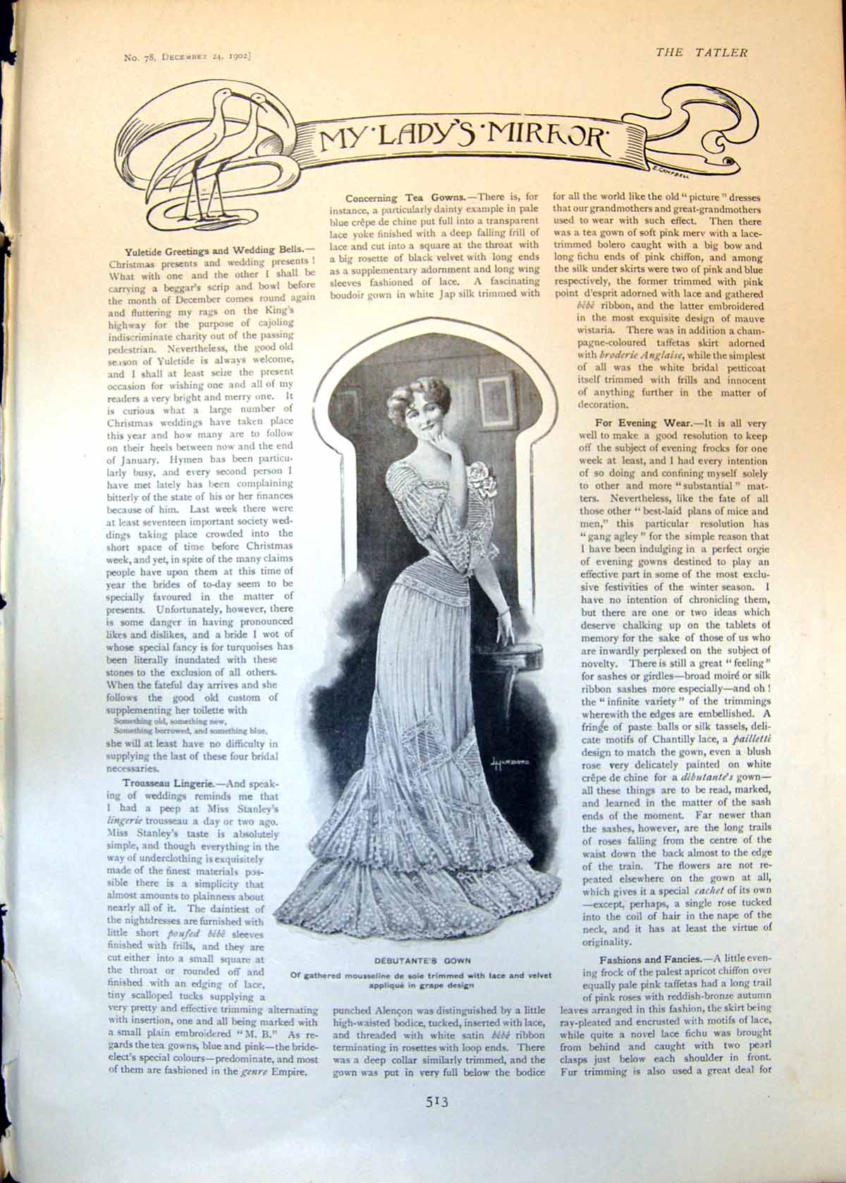 Antique Old Print Debutantes Gown Mousseline Paryt Frocks Little Girls 1902