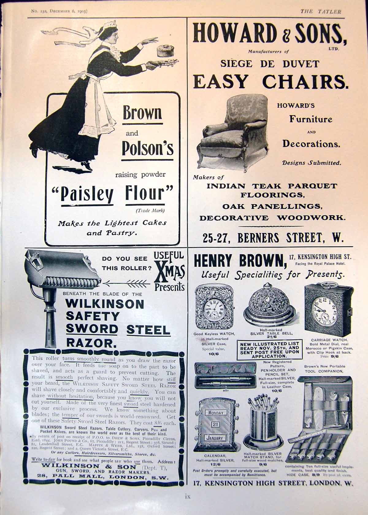 Antique Old Print Brown Polsons Paisley Flour Howard Sons Easy Chairs 1905 20th