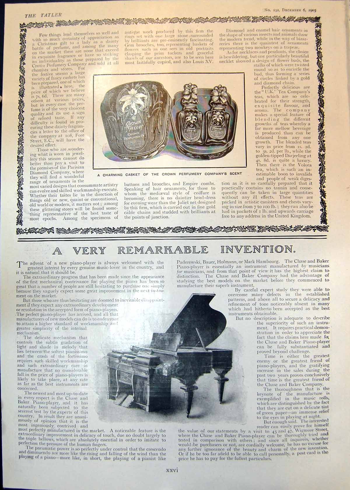 Original Old Antique Print Casket Crown Perfumery Co Scent Piano Players 1905