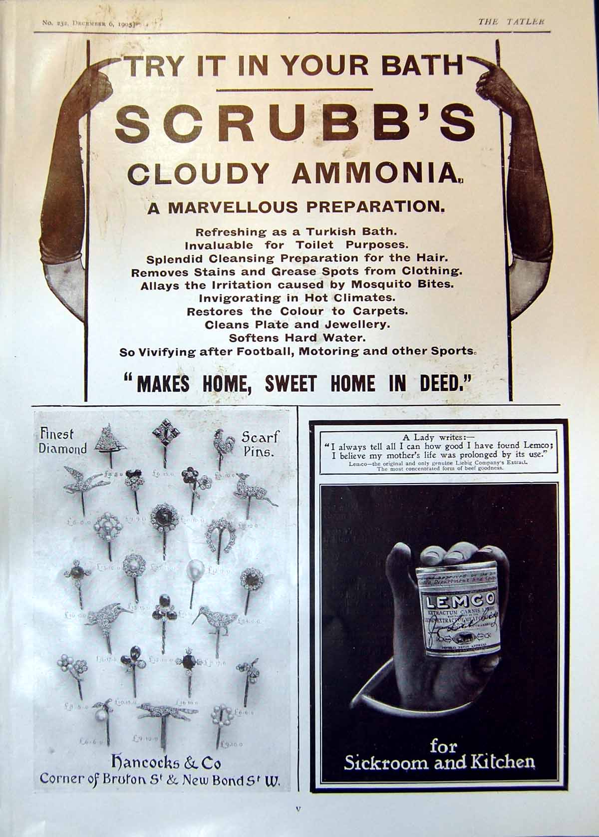 Antique Old Print Scrubbs Cloudy Ammonia Hancocks Diamonds Scarf Pins 1905 20th
