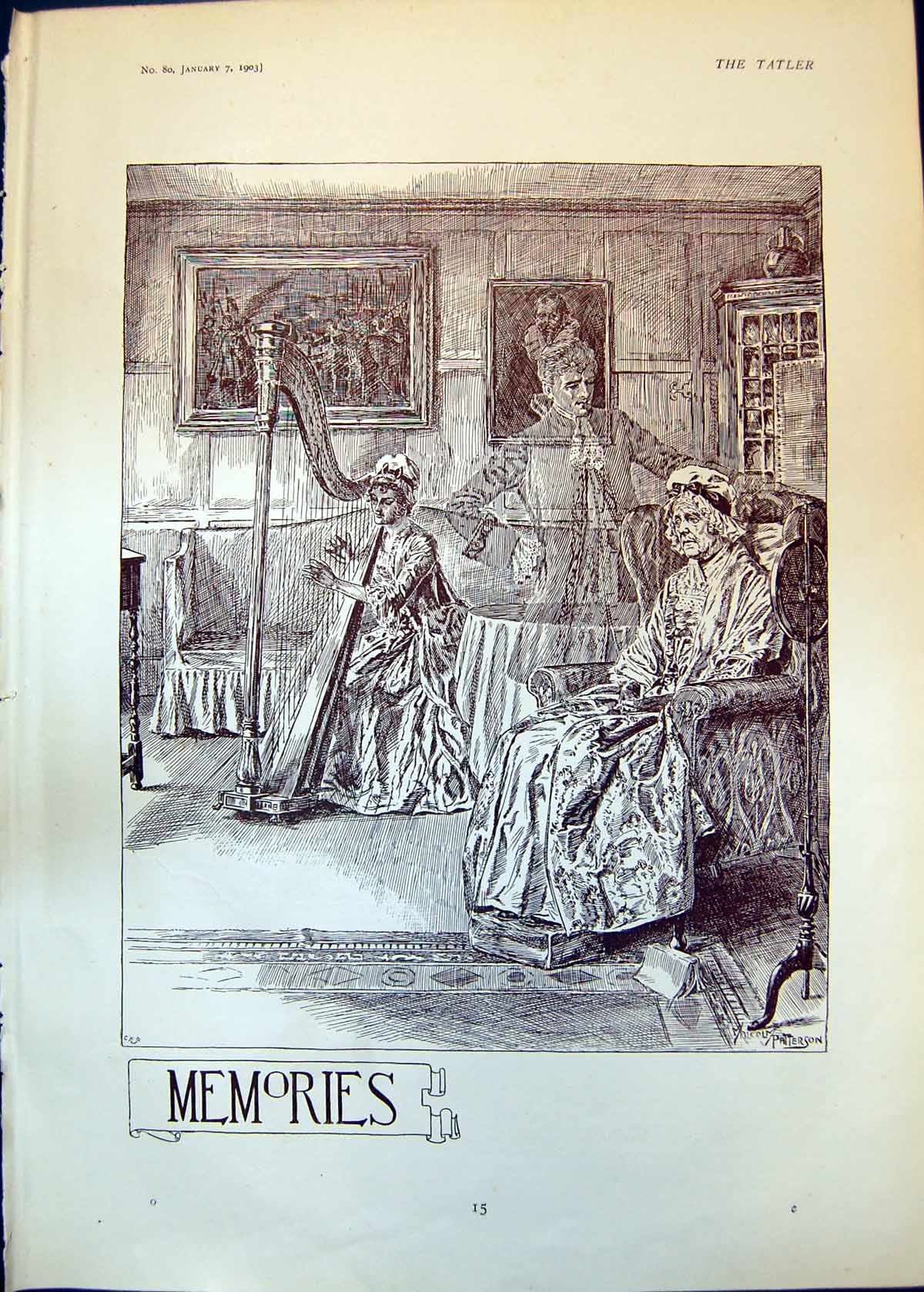 Antique Old Print Memories Malcolm Patterson Lady Chair Listening Harp 1903