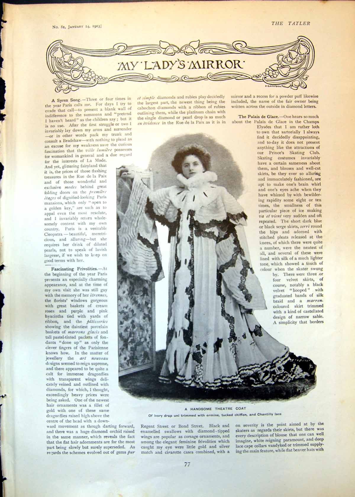 Antique Print Handsome Theatre Coat Useful Paletot Mastic Cloth Velvet 1903