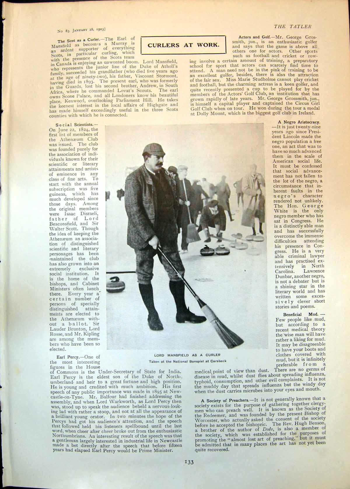 Antique Old Print Lord Mansfield As Curler National Bonspiel Carsbeck 1903 20th