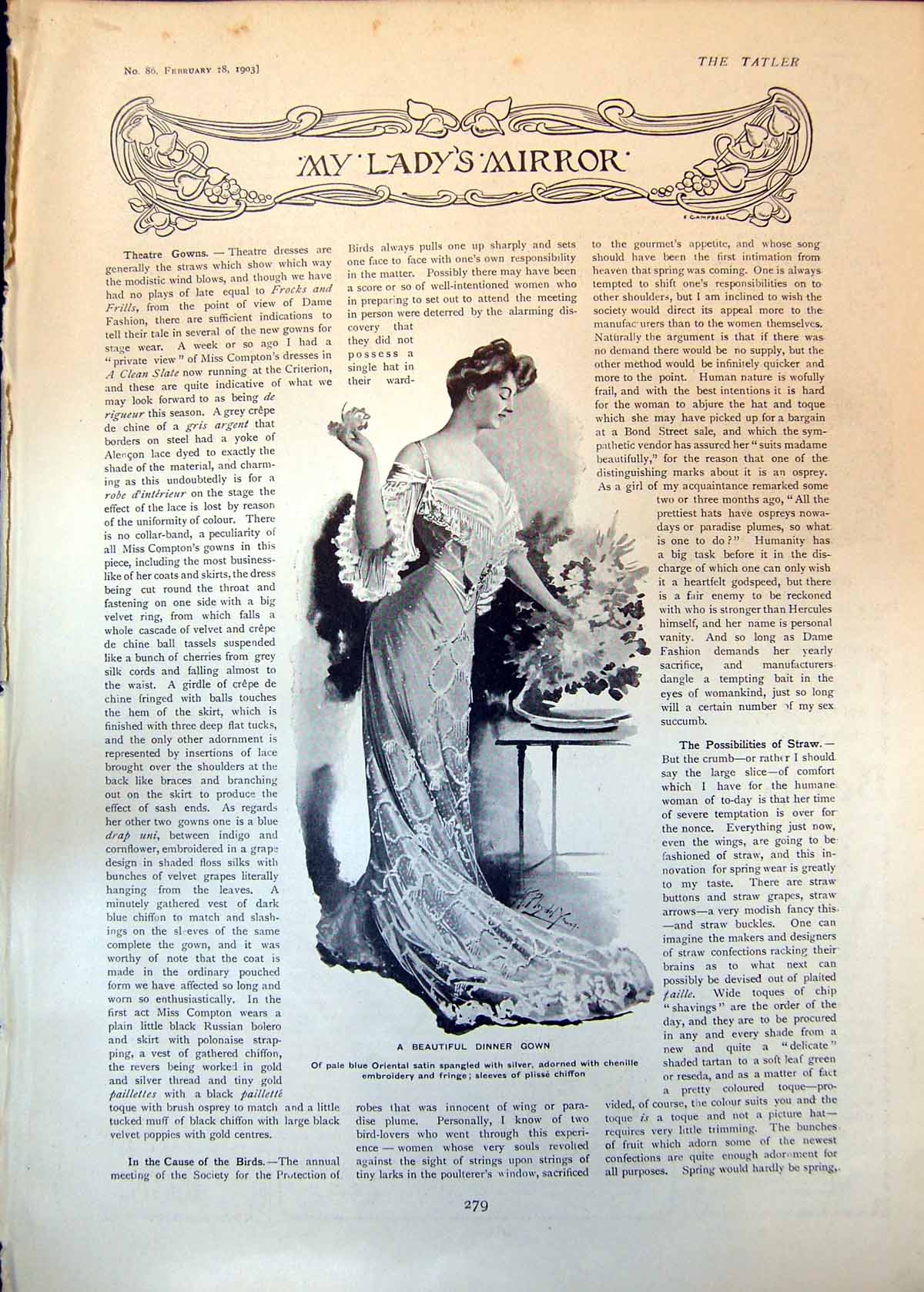 Old Antique Print Beautiful Dinner Gown Two Useful Evening Dresses 1903 20th