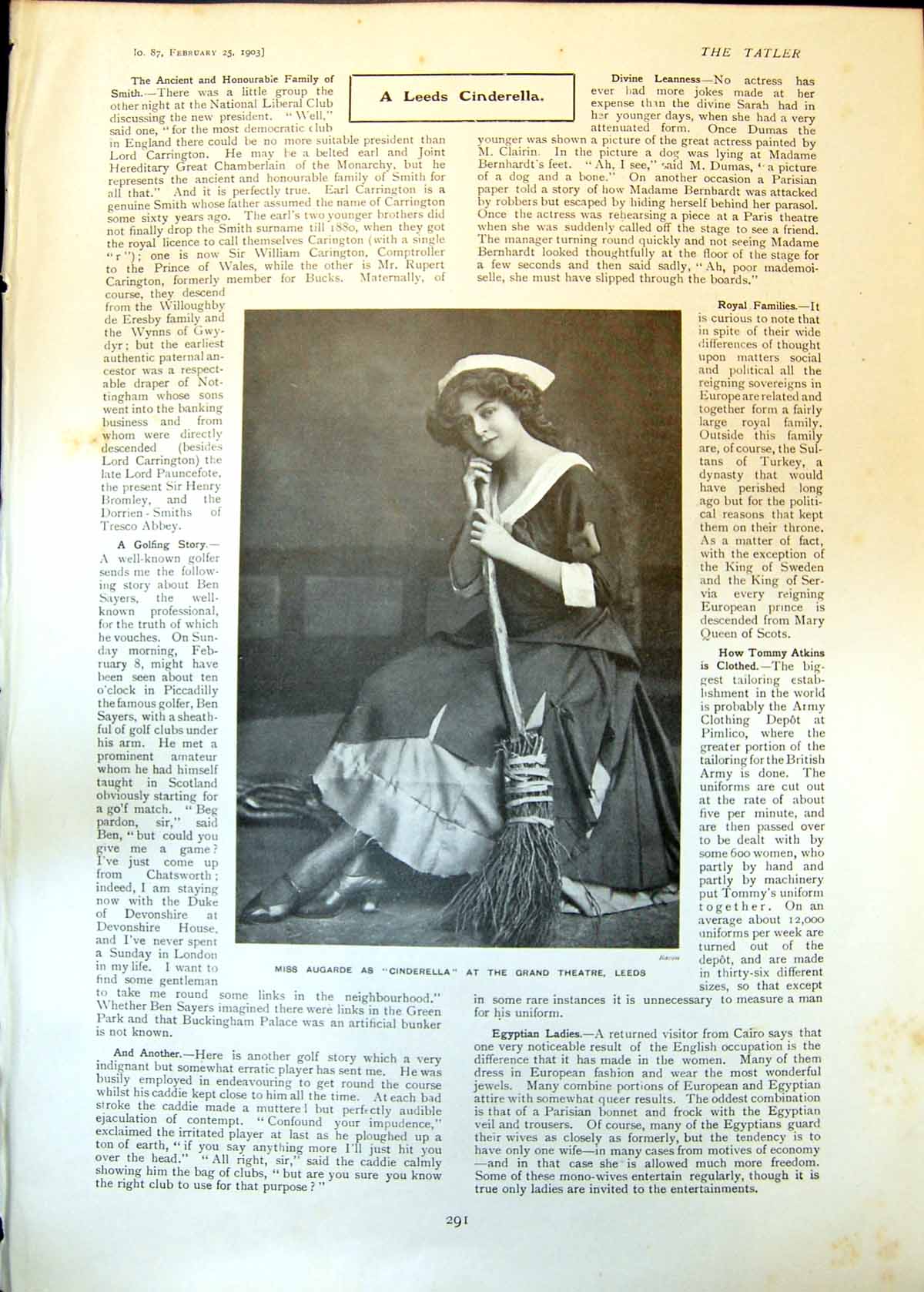 Original Old Antique Print Miss Augarde Cinderella Grand Theatre Leeds 1903