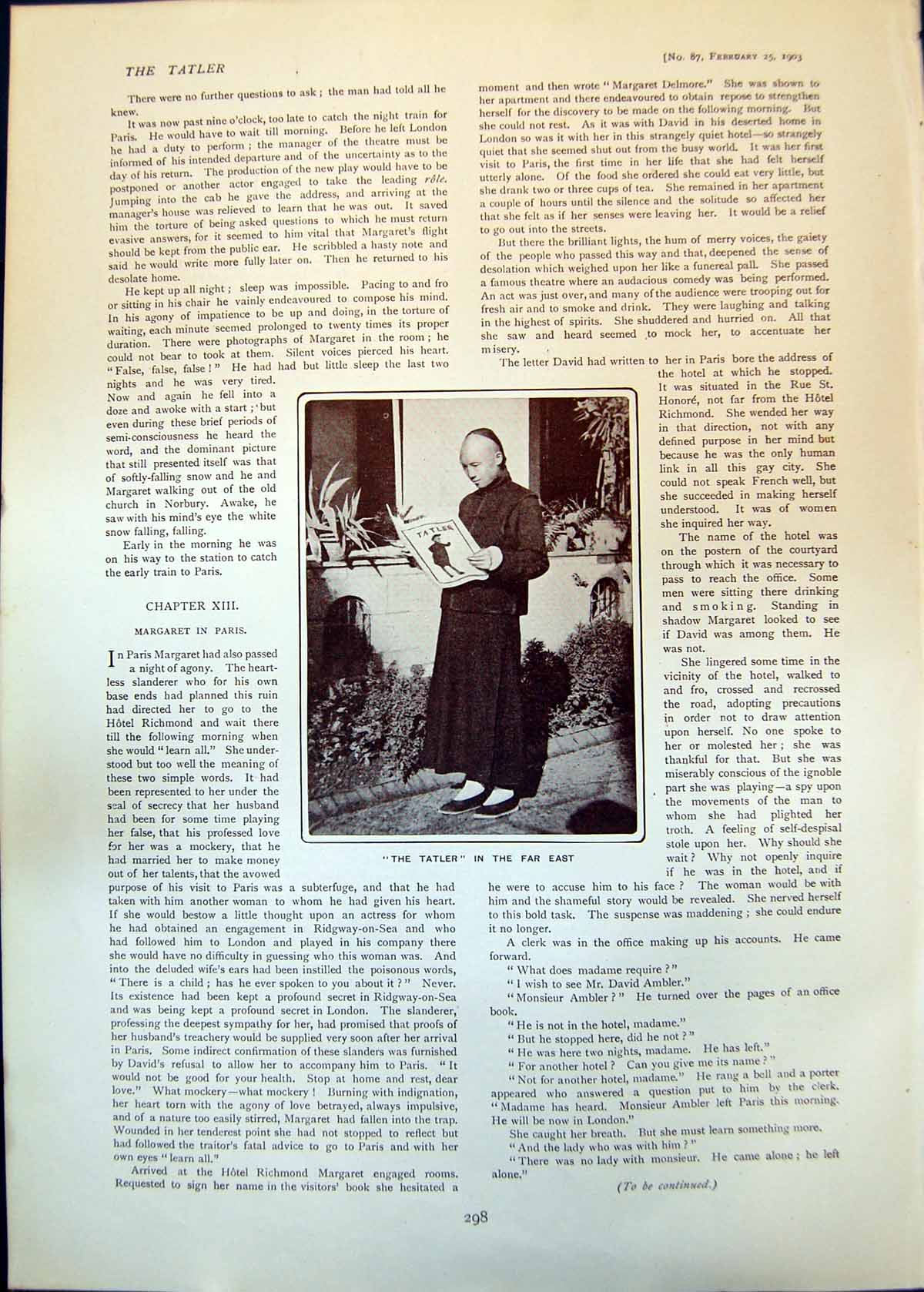 Original Old Antique Print Tatler Being Read Oriental Man Far East 1903 20th