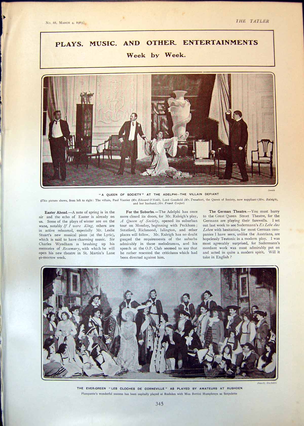 Antique Print Queen Society Adelphi Les Cloches De Corneville Rushden 1903 20th
