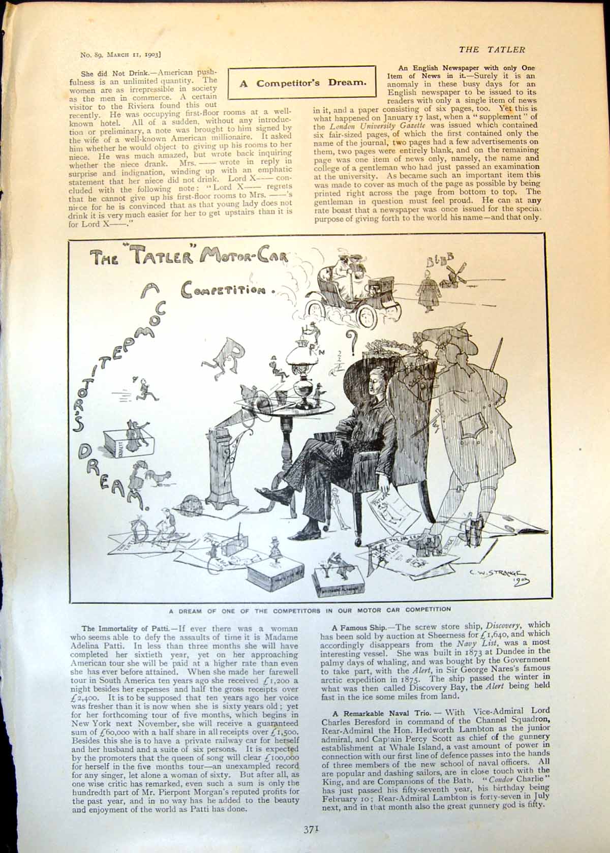 Antique Old Print Dream One Competitor Motor Car Competition C Strange 1903