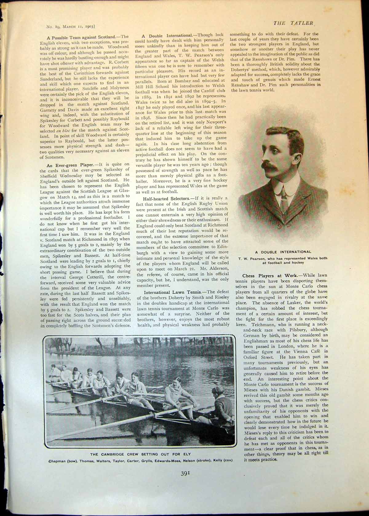 Old T Pearson Wales Football Hockey Cambridge Crew Chapman Kelly1903 20th