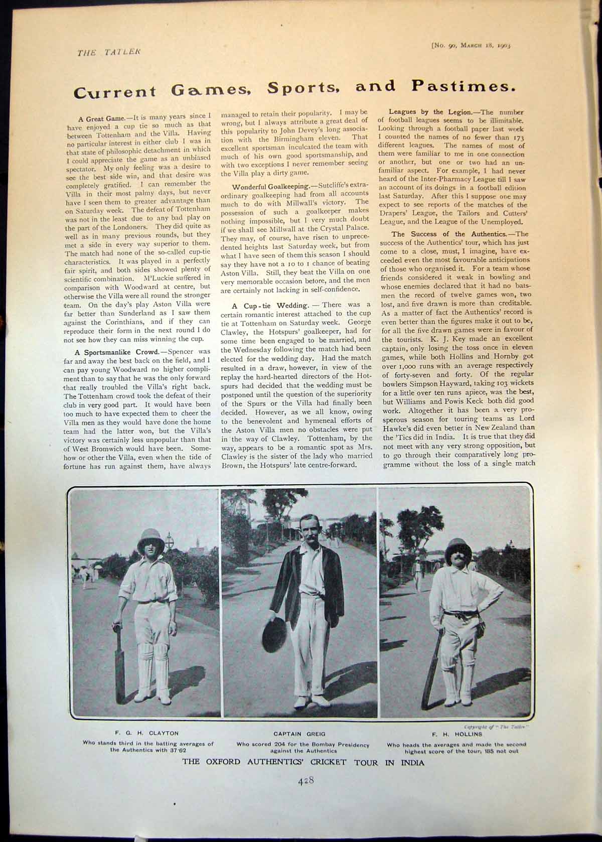 Old Oxford Cricket Tour India F Clayton Captain Greig F Hollins 1903 20th