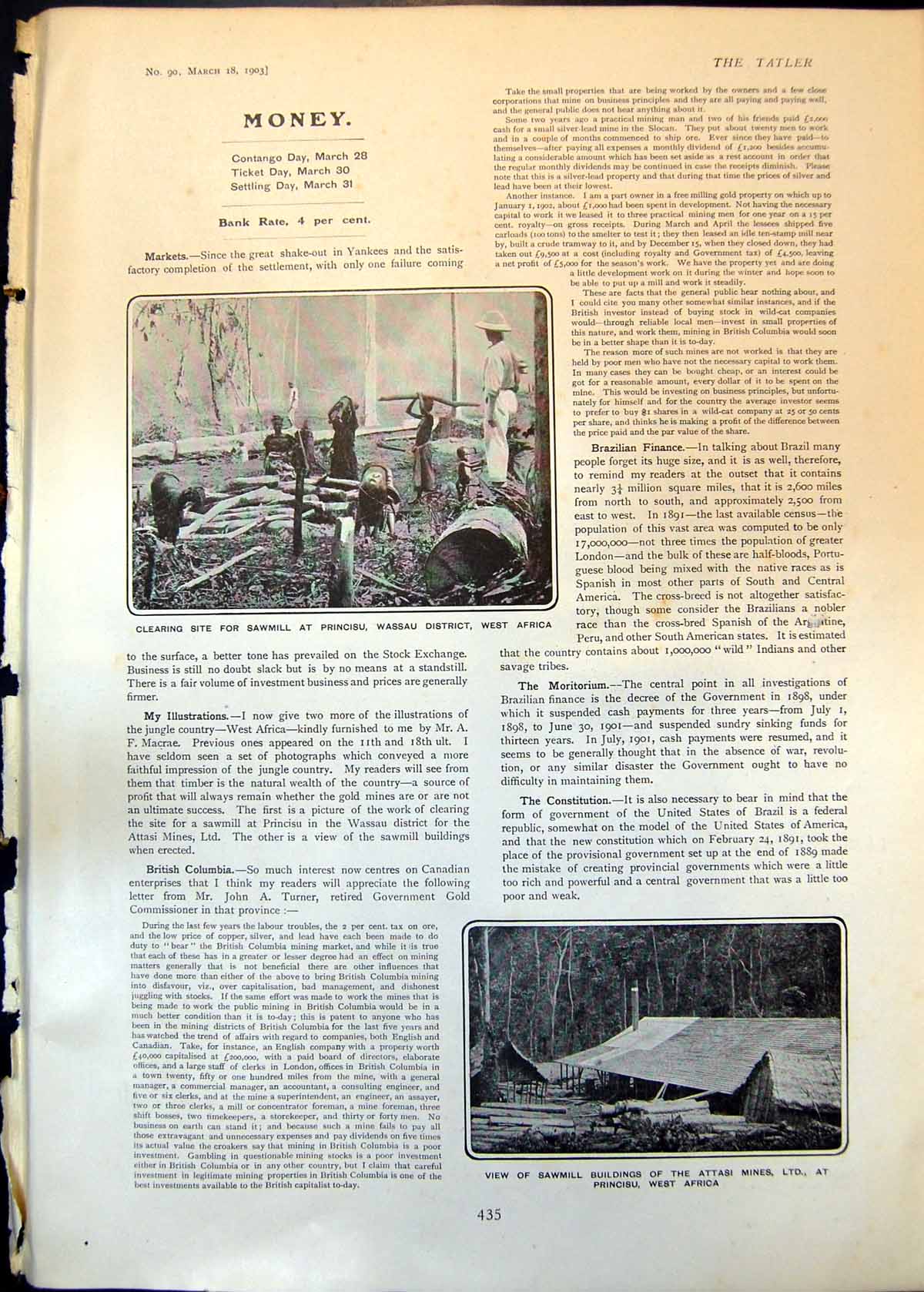 Antique Old Print Sawmill Princisu Wassau West Africa Attasi Mines Ltd 1903