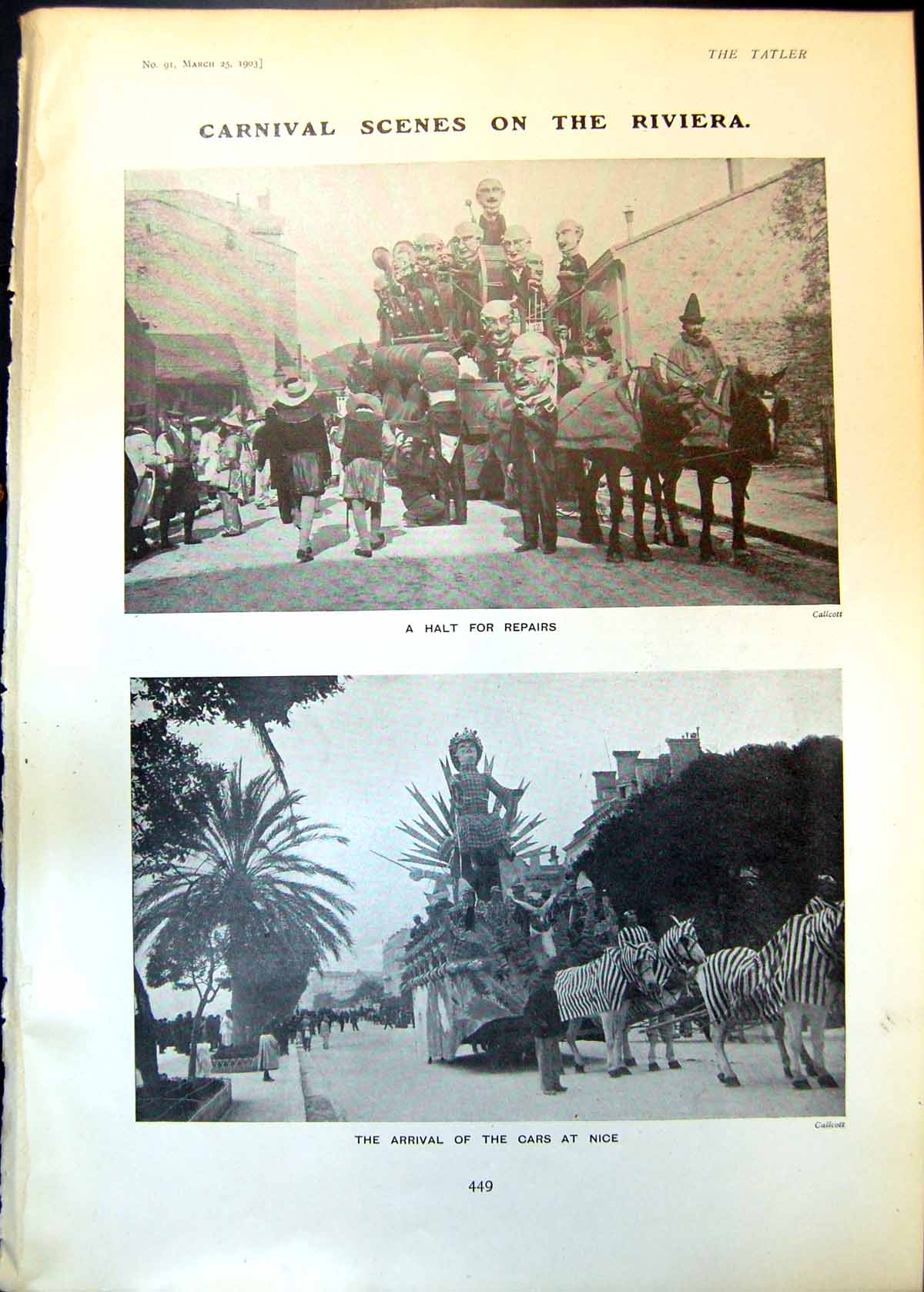 Antique Old Print Carnival Scenes Riviera Halt Repairs Arrival Cars Nice 1903
