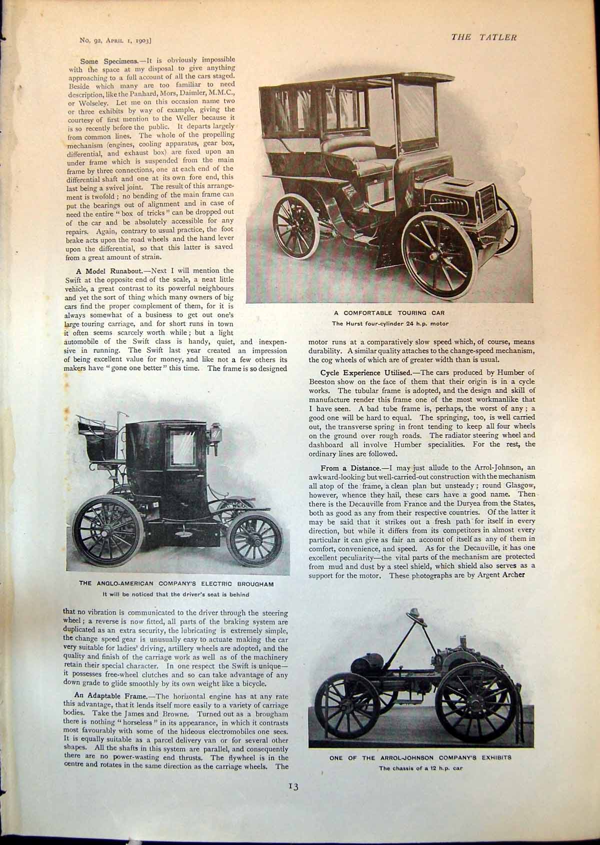 Old Print Motor Cars Hurst Arrol Johnson 12 Hp Car Electric Brougham 1903