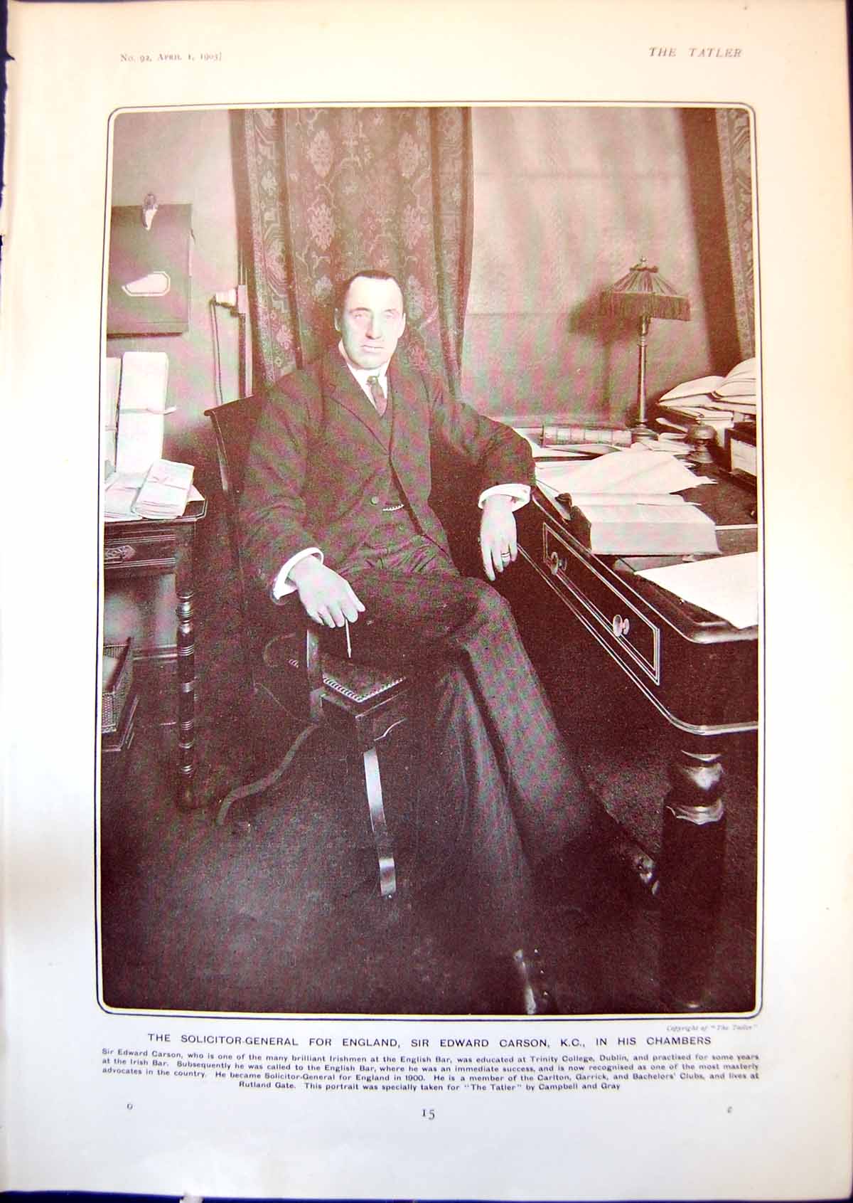 Old Print Solicitor General England Sir Edward Carson Kc In Chambers 1903 20th