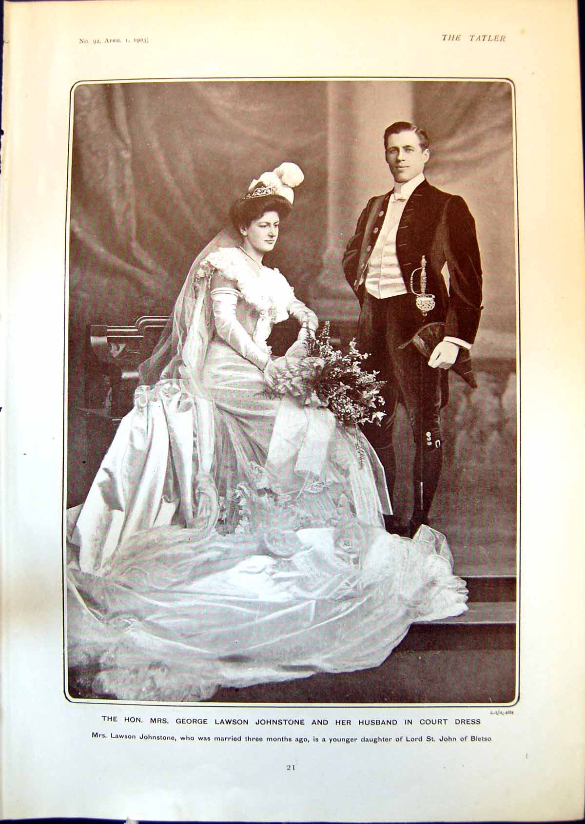 Old Print Mr Mrs George Lawson Johnstone Court Dress King Edward V11 1903
