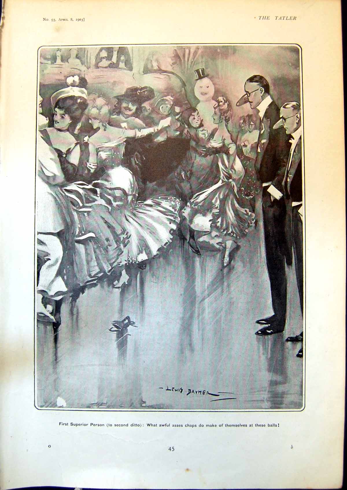Antique Old Print Superior Persons Watching Dancers Ball Lewis Baymer 1903 20th