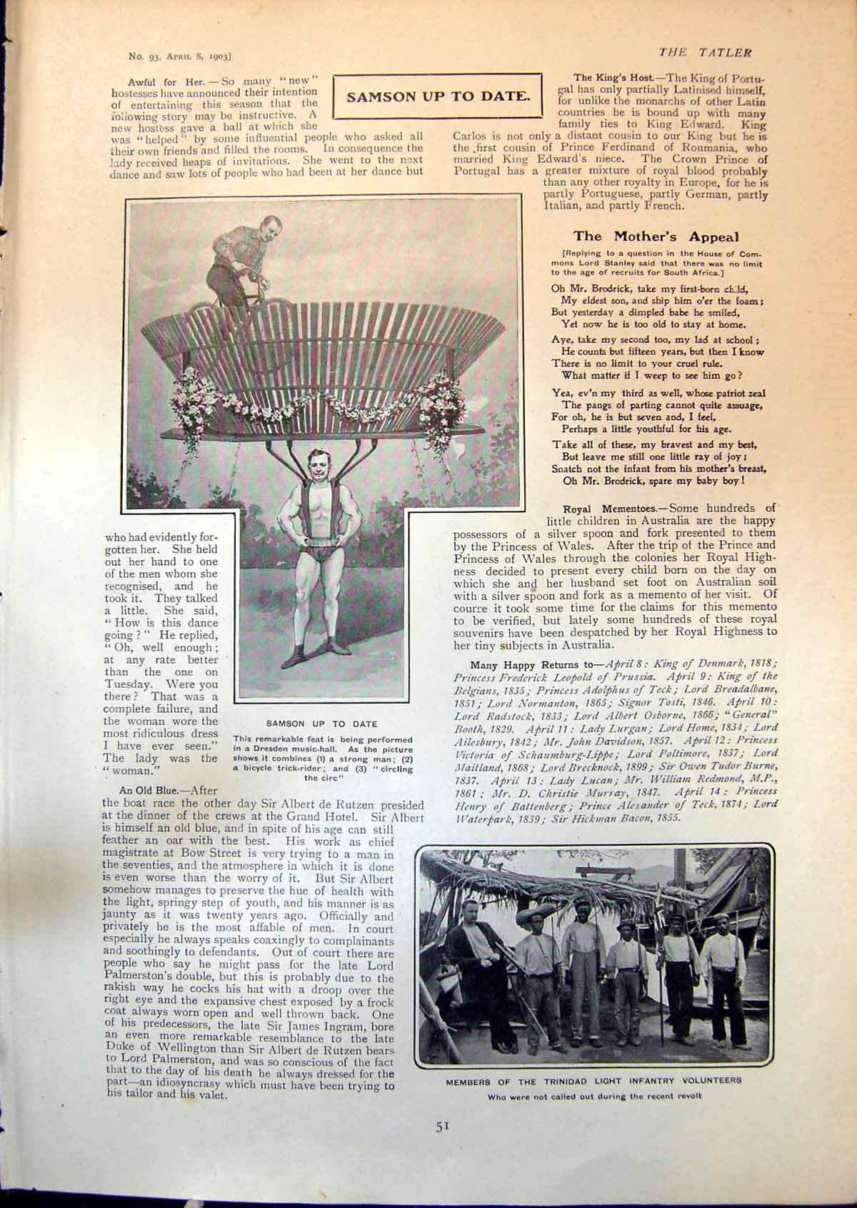 Antique Old Print Samson Trinidad Infantry Volunteers H Tristram Loretto 1903