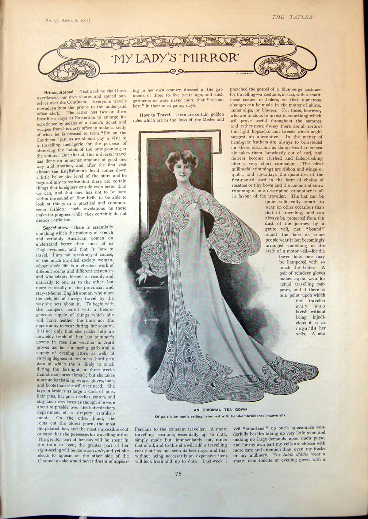 Old Antique Print Ladys Mirror Tea Gown Spring Toilettes Silk Serge 1903 20th