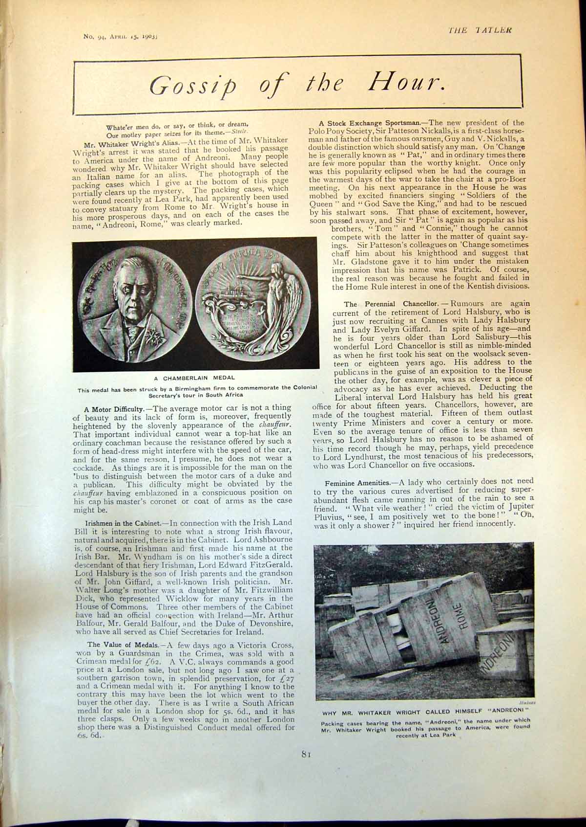 Antique Print Chamberlain Medal Muriel Beaumont Inspector John Willis 1903 20th