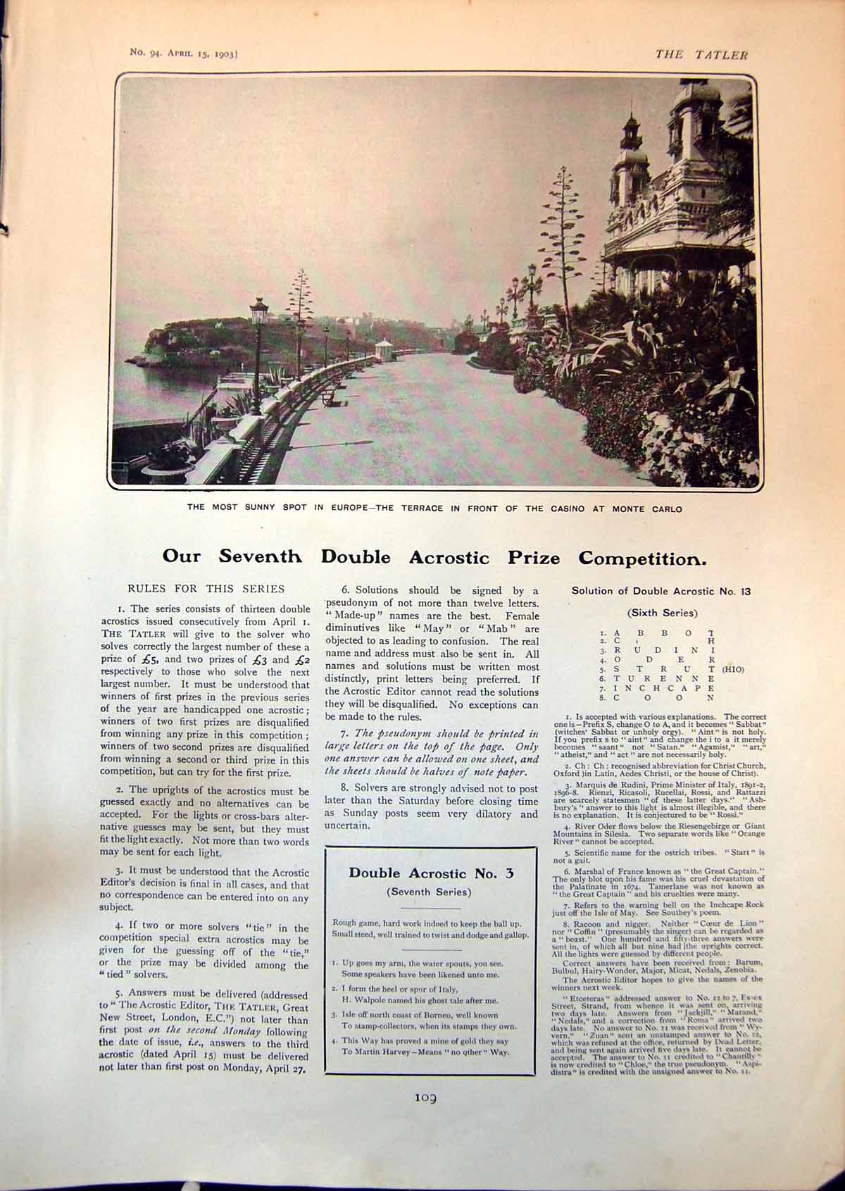 Old Print Terrace Casino Monte Carlo Lord Hawkes Team Australia Fane 1903 20th