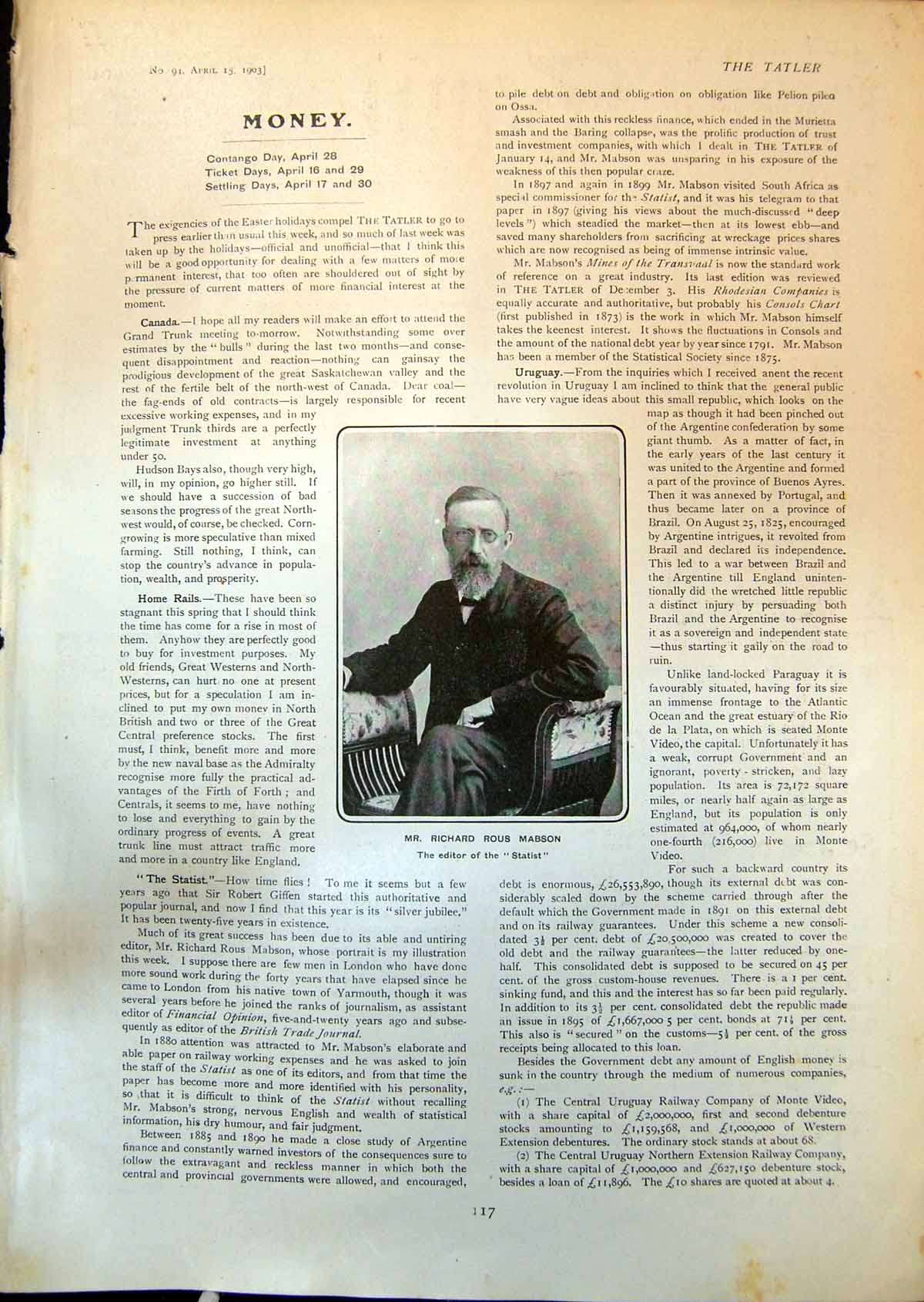 Original Old Antique Print Mr Richard Rous Mabson Editor Statist 1903 20th