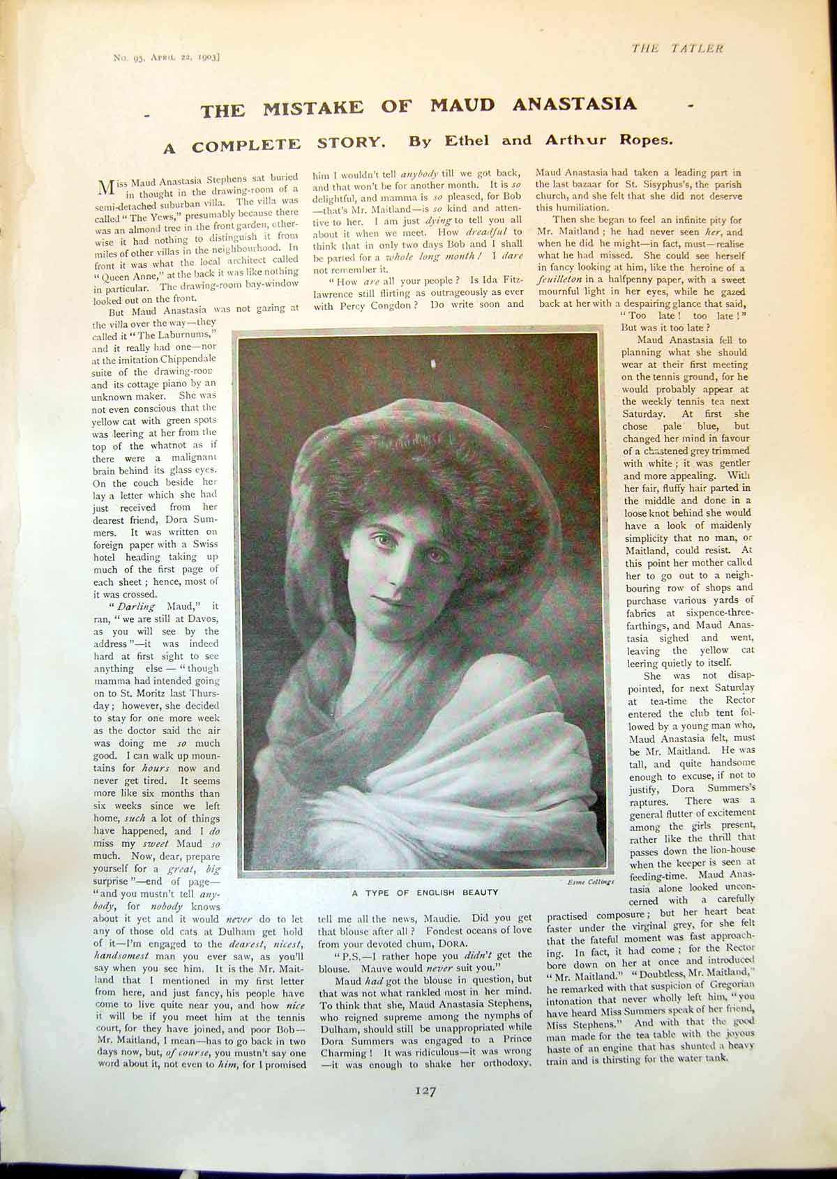 Original Old Antique Print Type English Beauty Esme Collings 1903 20th Century